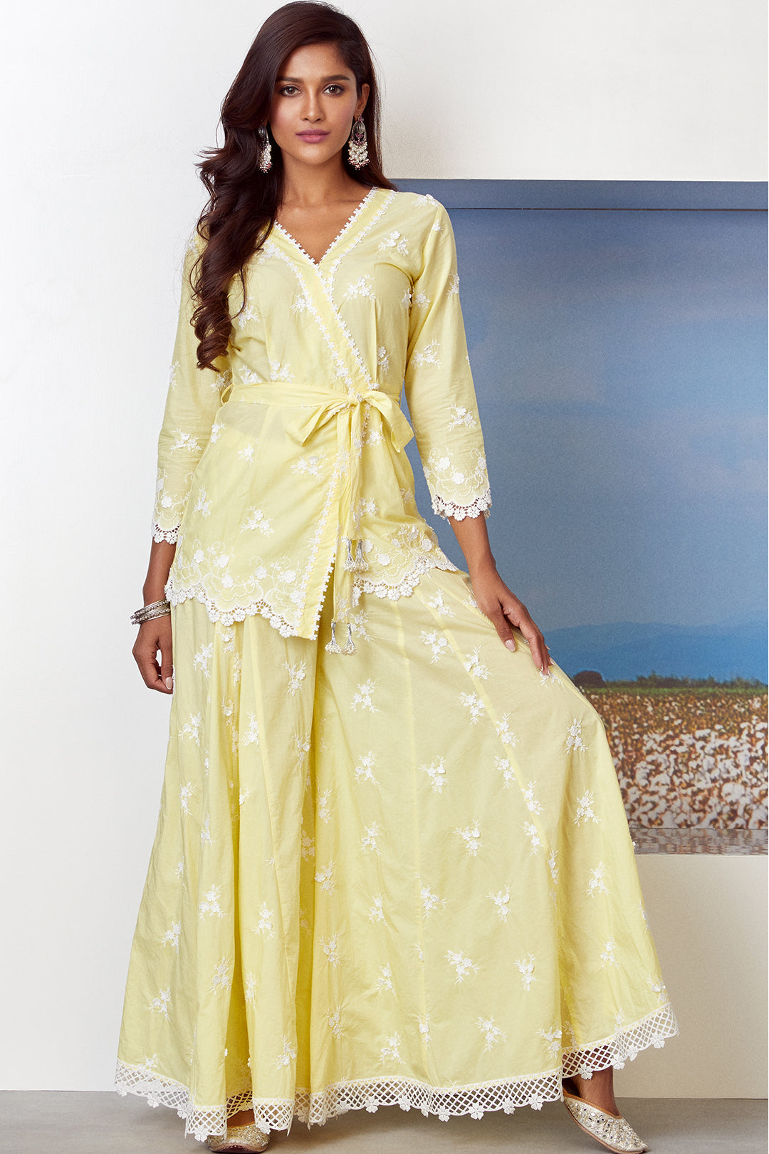 Mulmul Cotton Pearl Star Yellow Kurta With Pearl Star Yellow Sharara