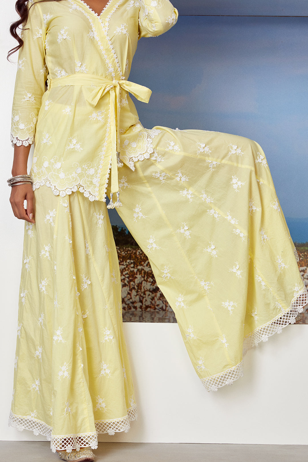 Mulmul Cotton Pearl Star Yellow Kurta With Pearl Star Yellow Sharara