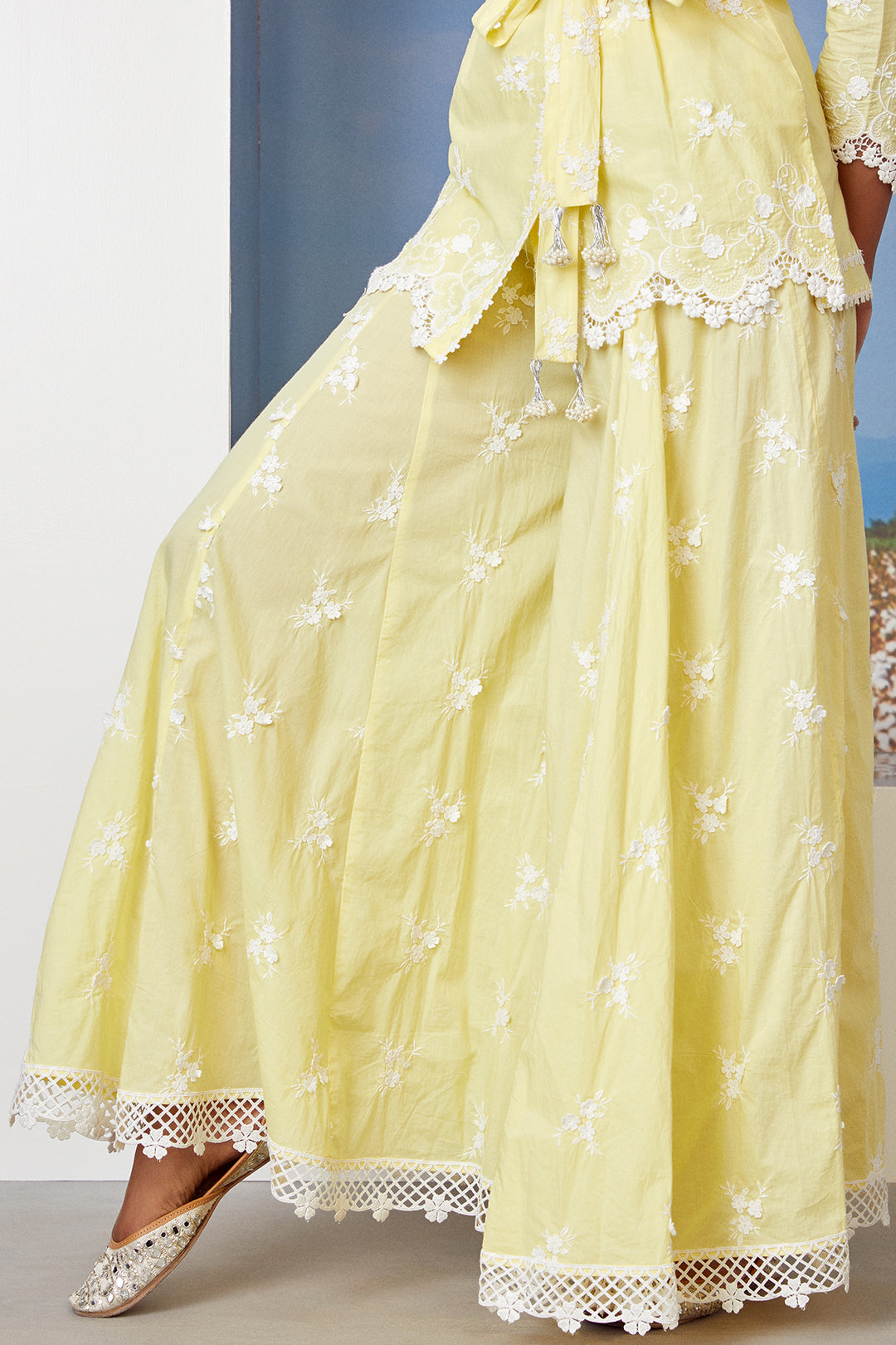 Mulmul Cotton Pearl Star Yellow Kurta With Pearl Star Yellow Sharara