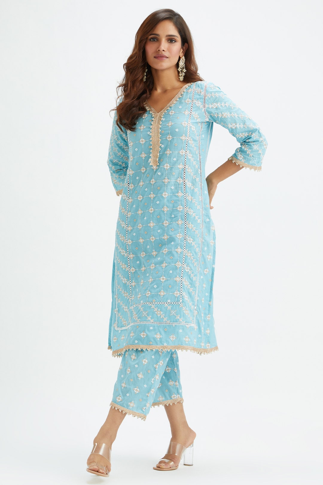 Mulmul Cotton Pelican Blue Kurta With Pelican Blue Pyajama