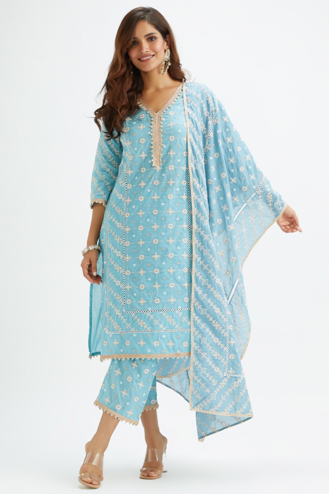 Mulmul Cotton Pelican Blue Kurta With Pelican Blue Pyajama