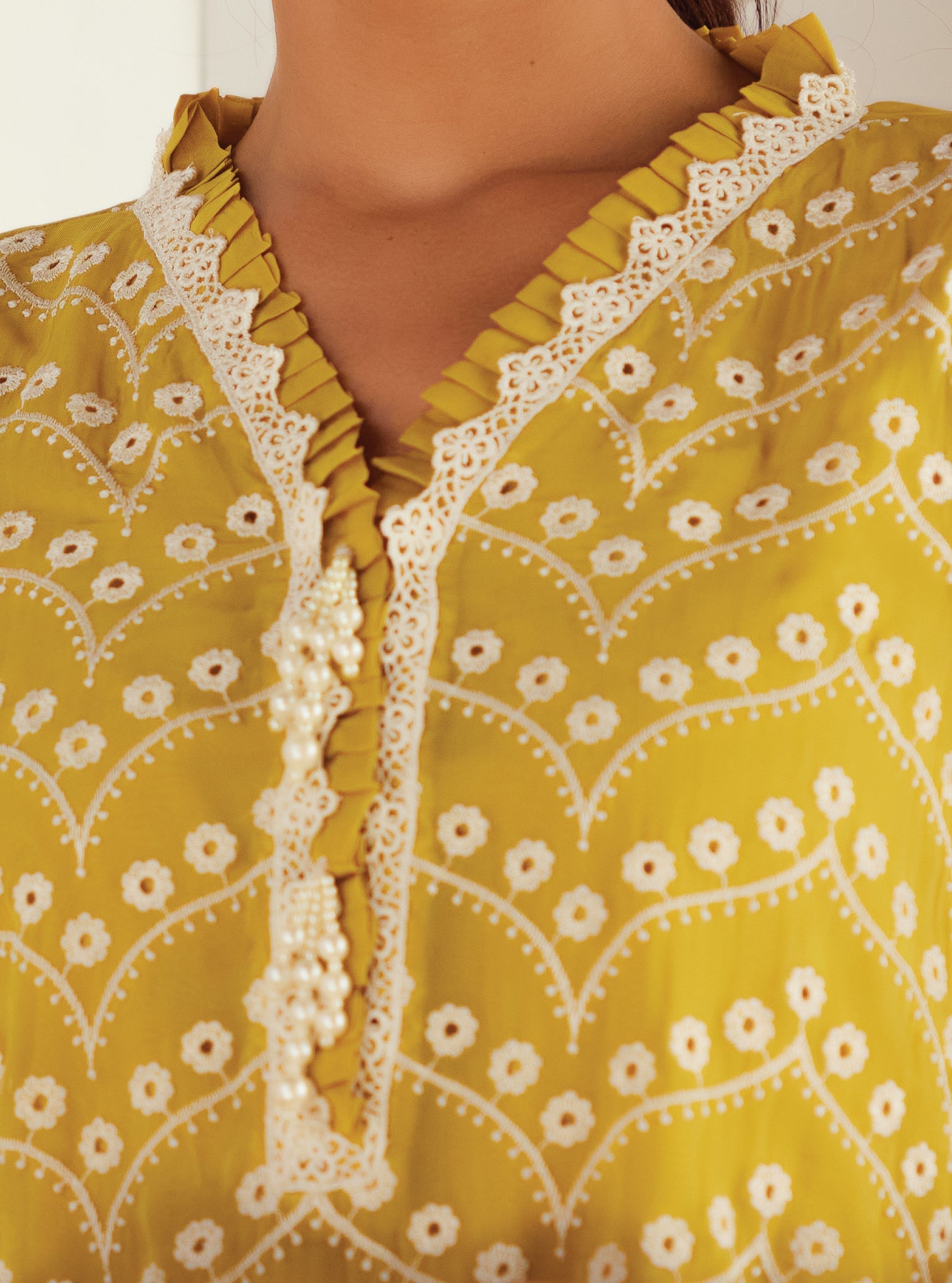 Mulmul Organza Pharis Yellow Kurta With Cotton Pharis Yellow Pant