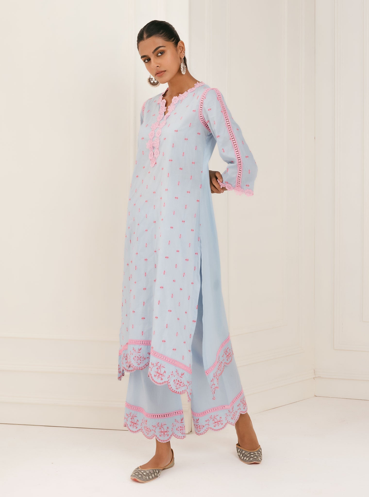 Mulmul Cotton Phey Blue Kurta With Phey Blue Palazzo