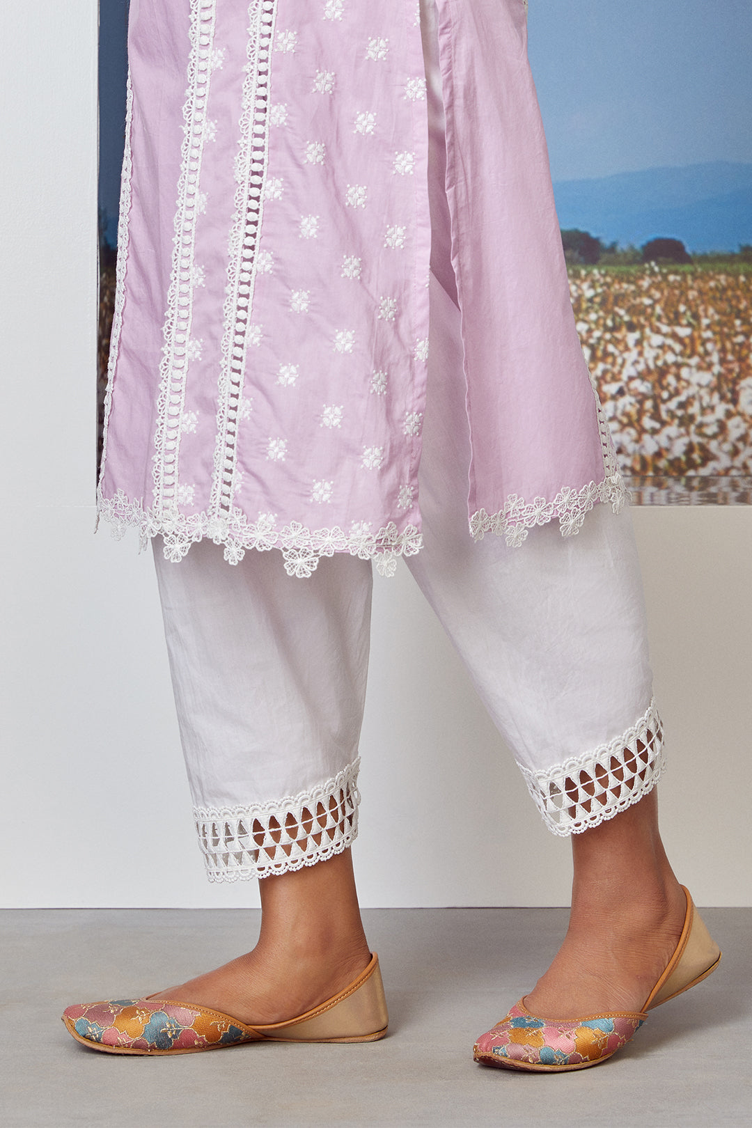 Mulmul Cotton Poetry Lilac Kurta With Slim Salwar White