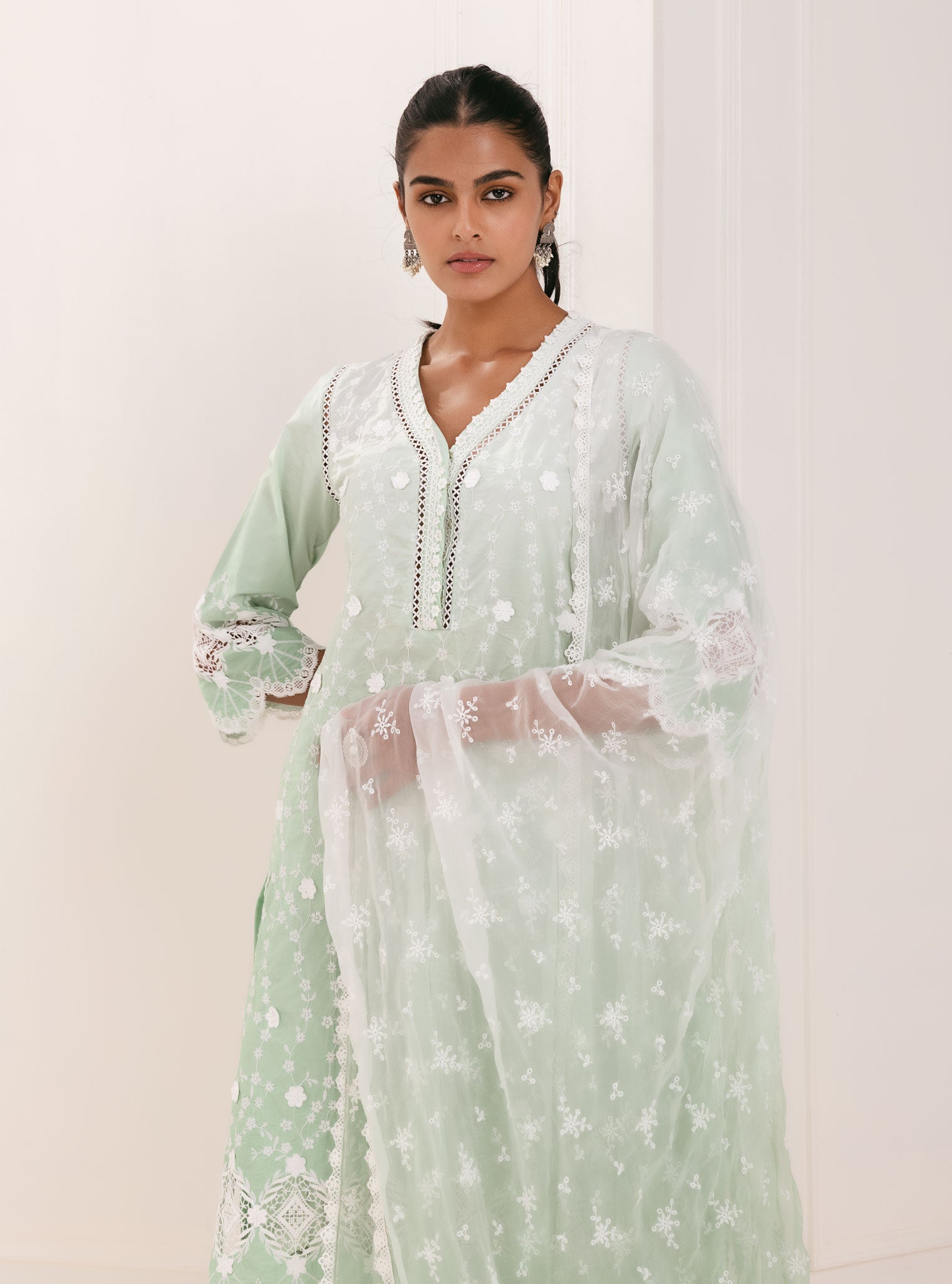 Mulmul Cotton Purna Green Kurta With Purna Green Palazzo