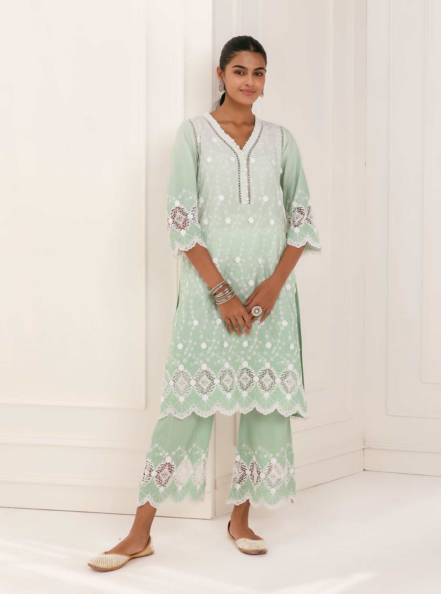 Mulmul Cotton Purna Green Kurta With Purna Green Palazzo