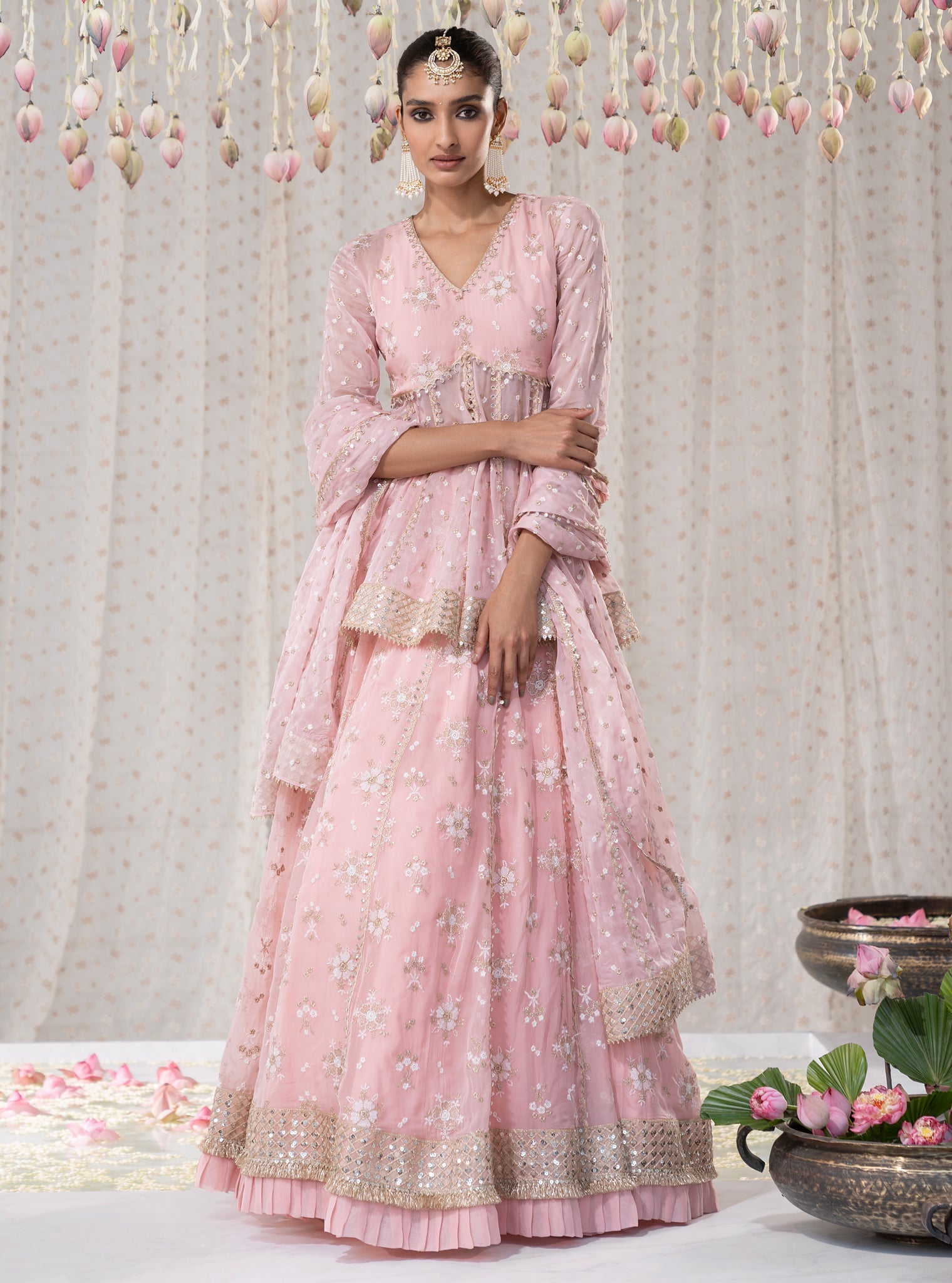 Mulmul Organza Rajnigandha Short Anarkali Pink Kurta With Mulmul Organza Rajnigandha Pink Lehenga