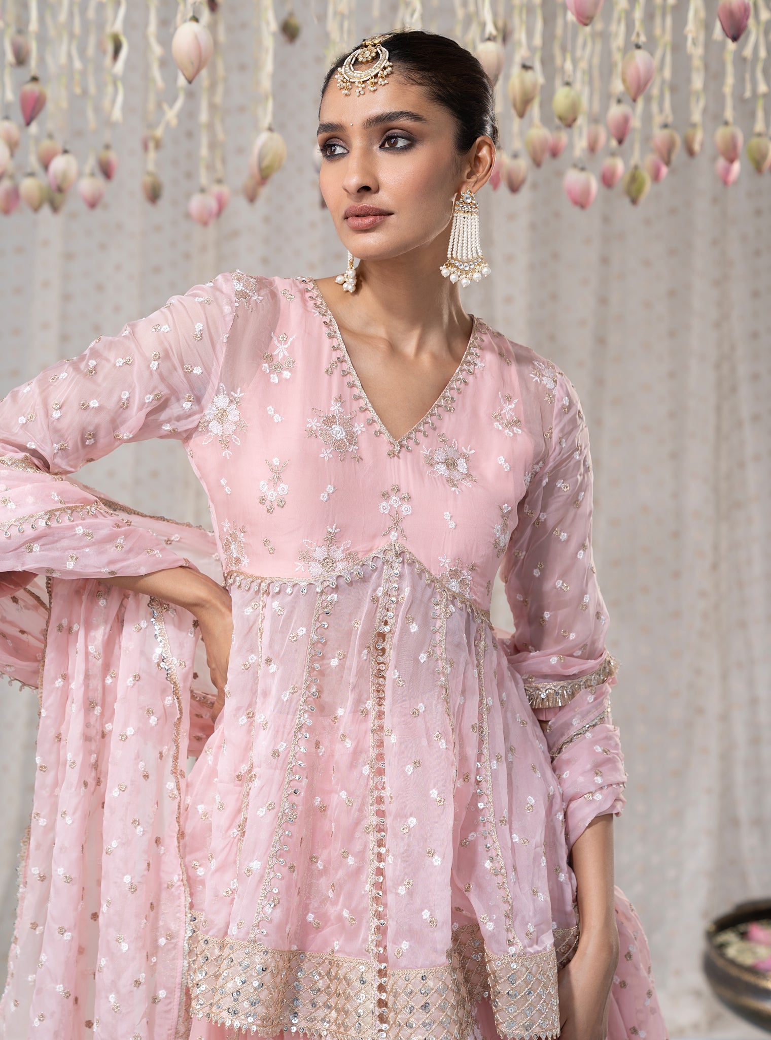 Mulmul Organza Rajnigandha Short Anarkali Pink Kurta With Mulmul Organza Rajnigandha Pink Lehenga