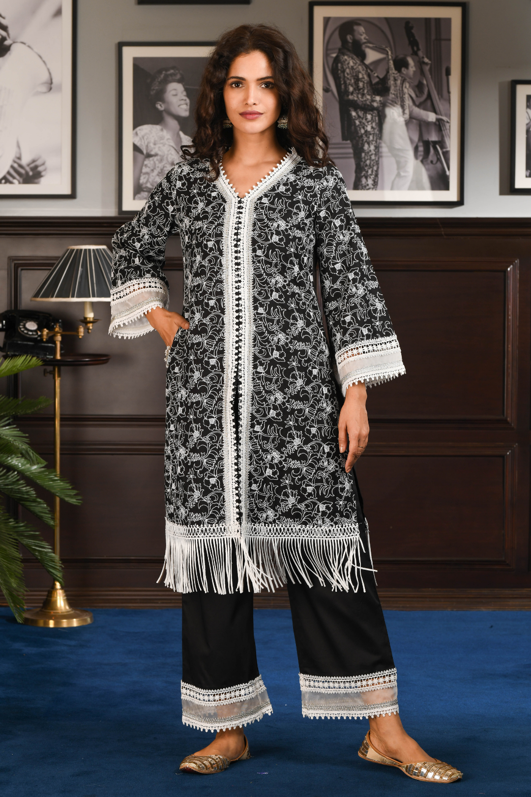 Mulmul Pima Satin Rafa Black Kurta With Rafa Black Pant