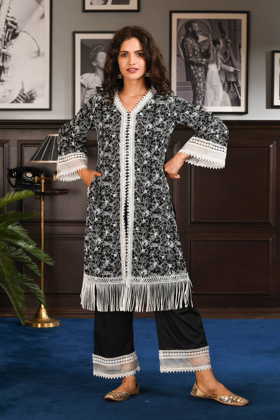 Mulmul Pima Satin Rafa Black Kurta With Rafa Black Pant