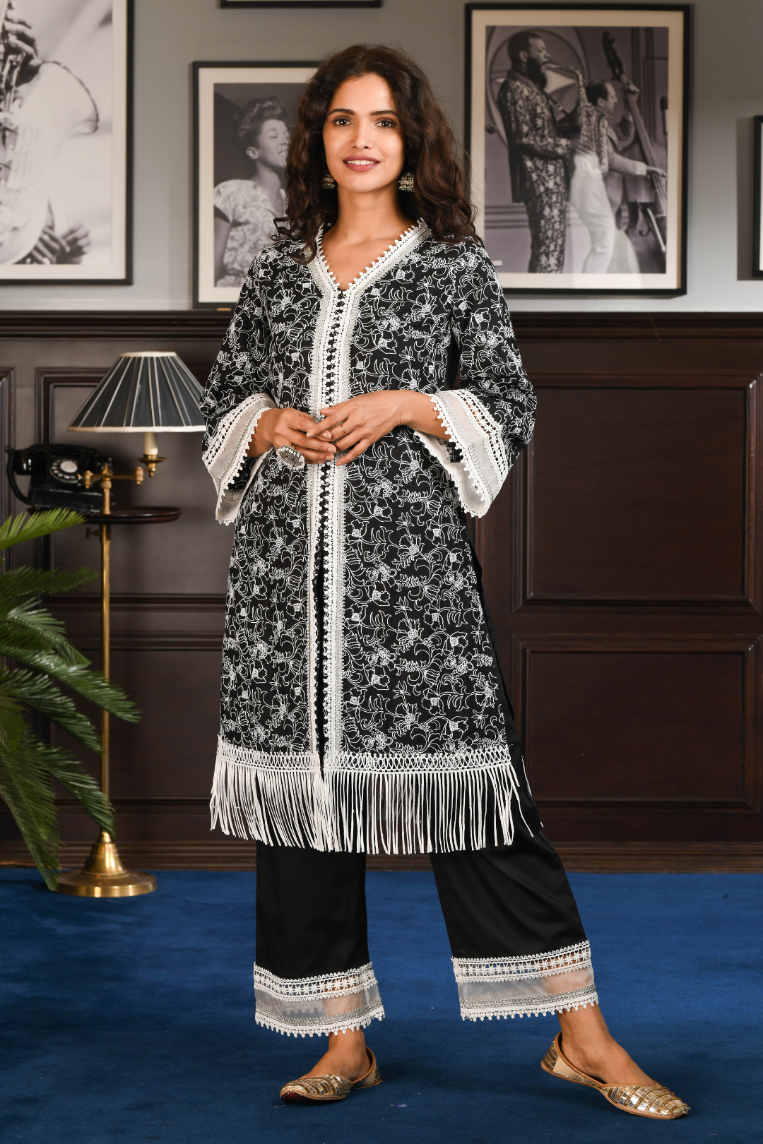 Mulmul Pima Satin Rafa Black Kurta With Rafa Black Pant