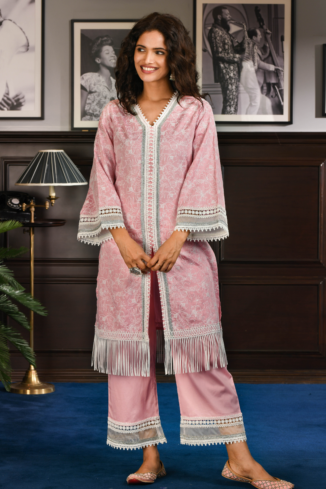 Mulmul Pima Satin Rafa Pink Kurta With Rafa Pink Pant