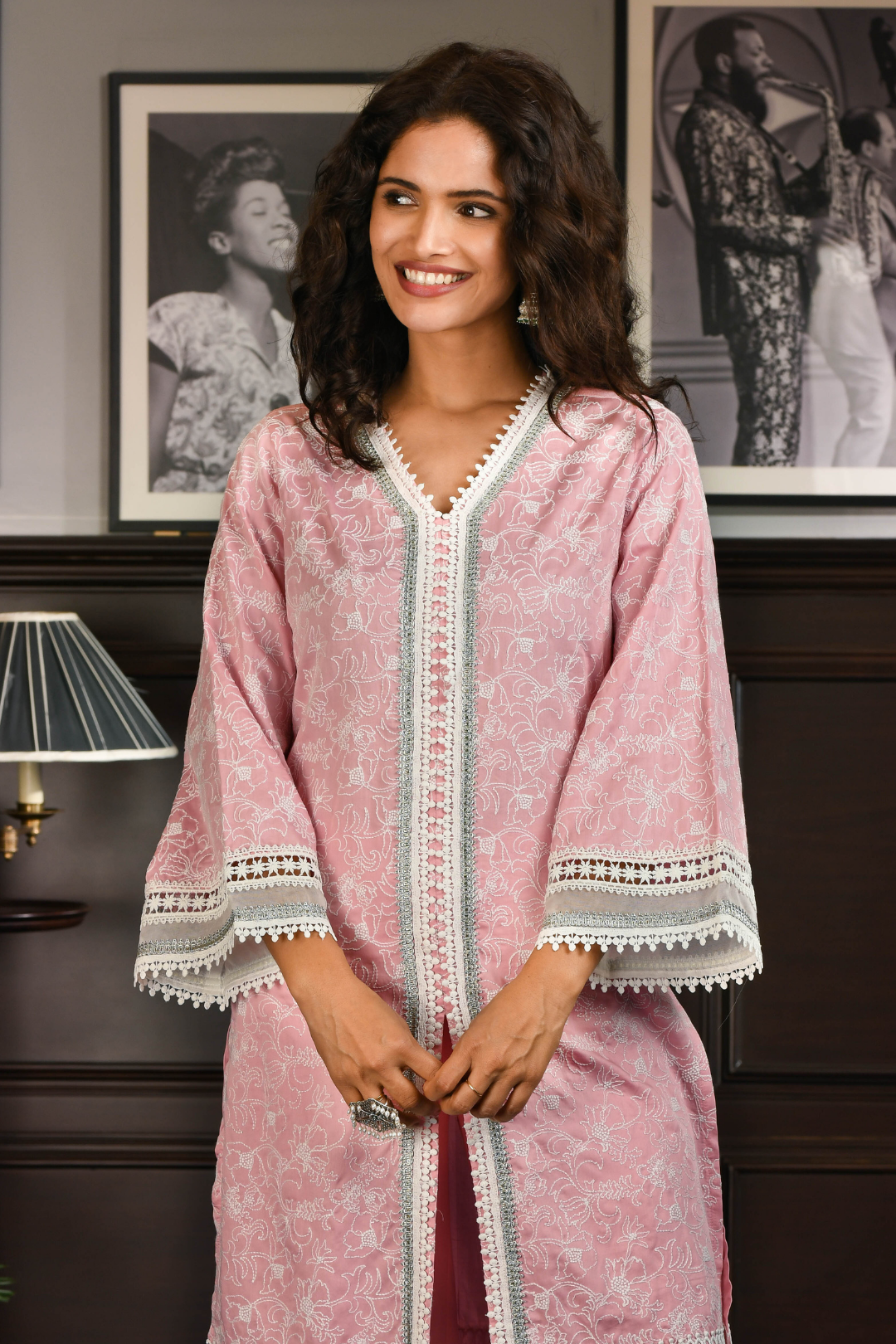 Mulmul Pima Satin Rafa Pink Kurta With Rafa Pink Pant