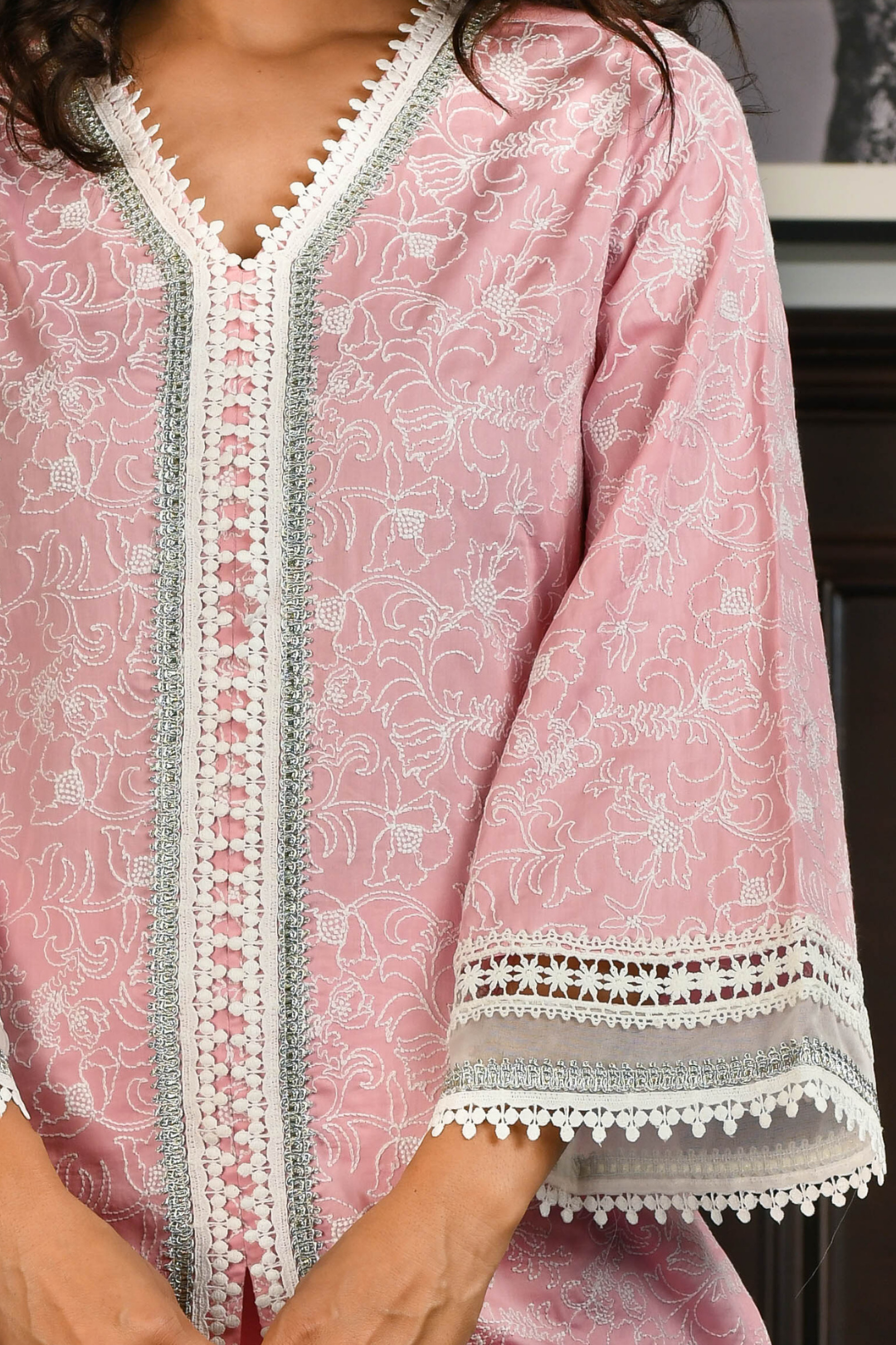 Mulmul Pima Satin Rafa Pink Kurta With Rafa Pink Pant