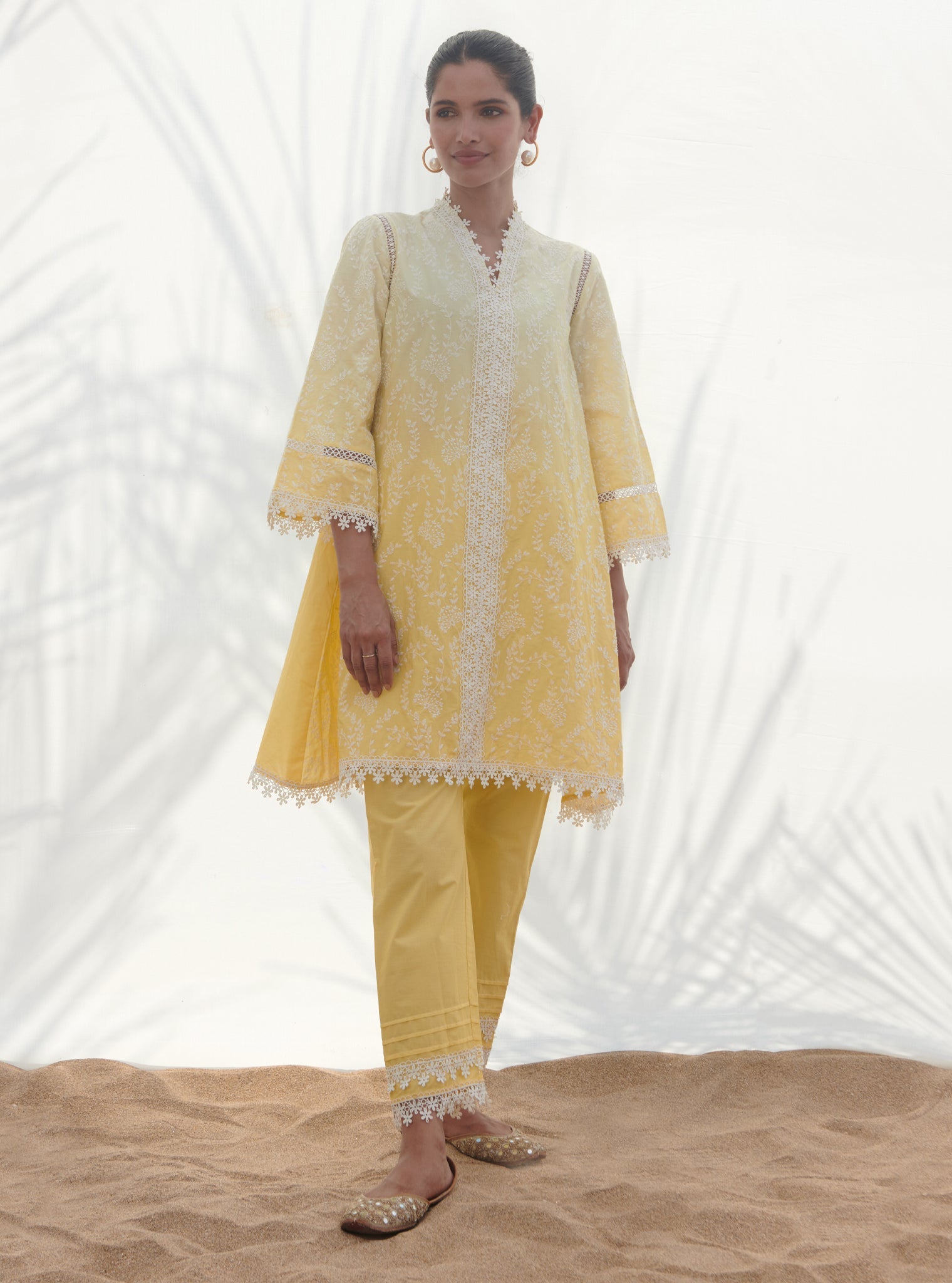 Mulmul Cotton Santona Yellow Kurta With Santona Yellow Pant