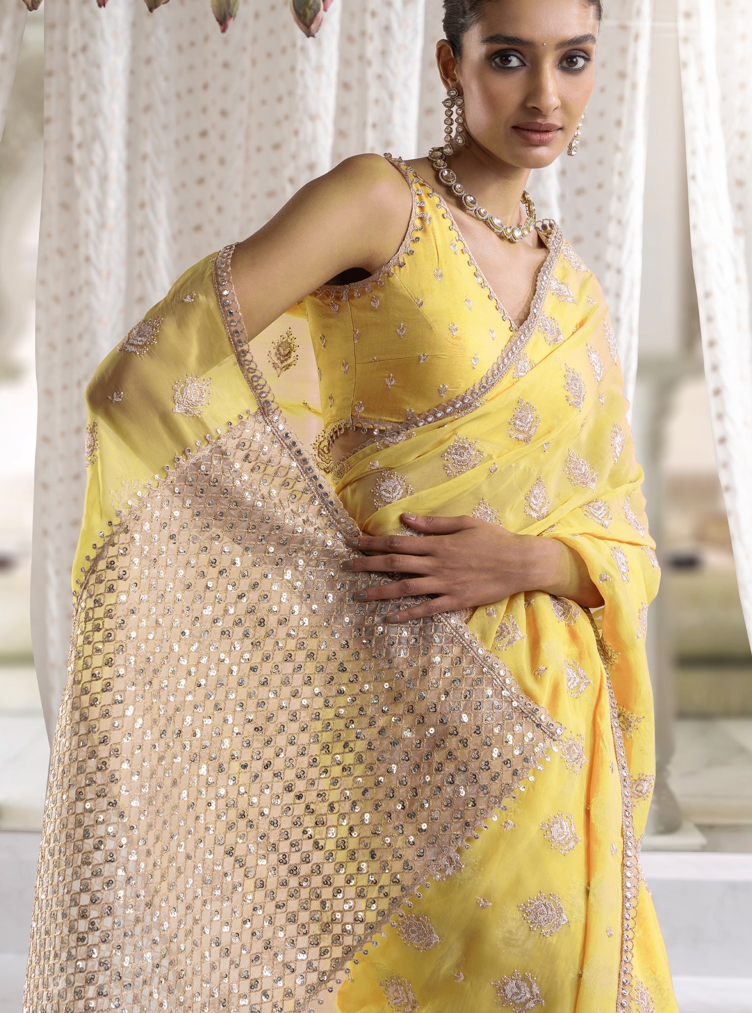 Mulmul Organza Savani Yellow Saree