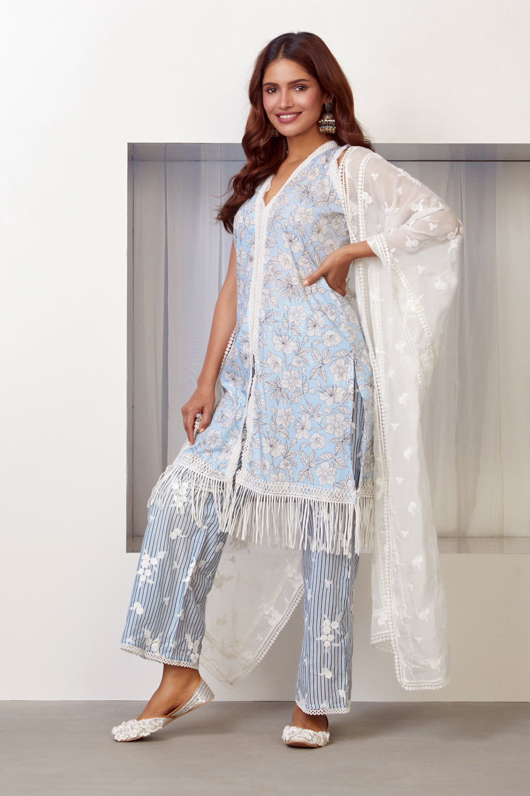 Mulmul Cotton Salone Kurta Light Blue With Salone Palazzo Light Blue