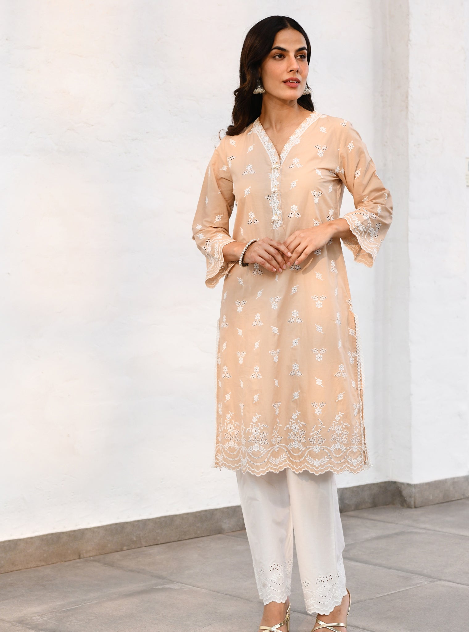 Mulmul Cotton Satari Beige Kurta With Mulmul Cotton Satari White Pant