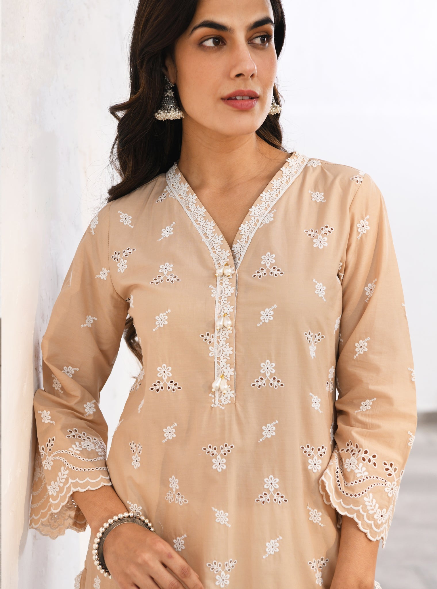 Mulmul Cotton Satari Beige Kurta With Mulmul Cotton Satari White Pant