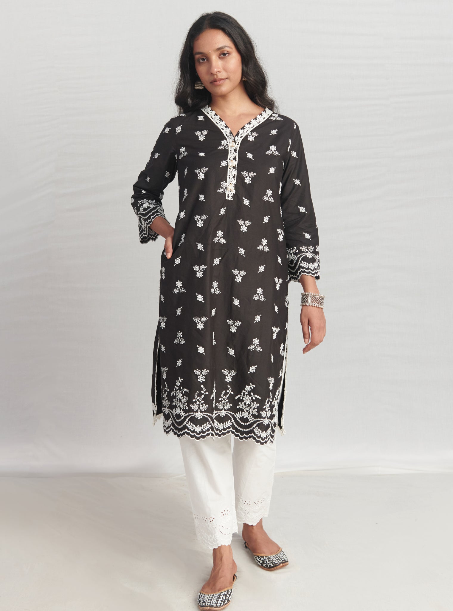 Mulmul Cotton Satari Black Kurta With Mulmul Cotton Satari White Pant