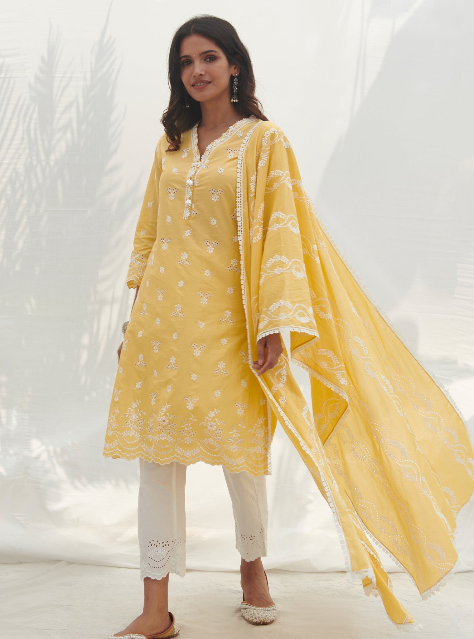 Mulmul Cotton Satari Yellow Kurta With Mulmul Cotton Satari White Pant