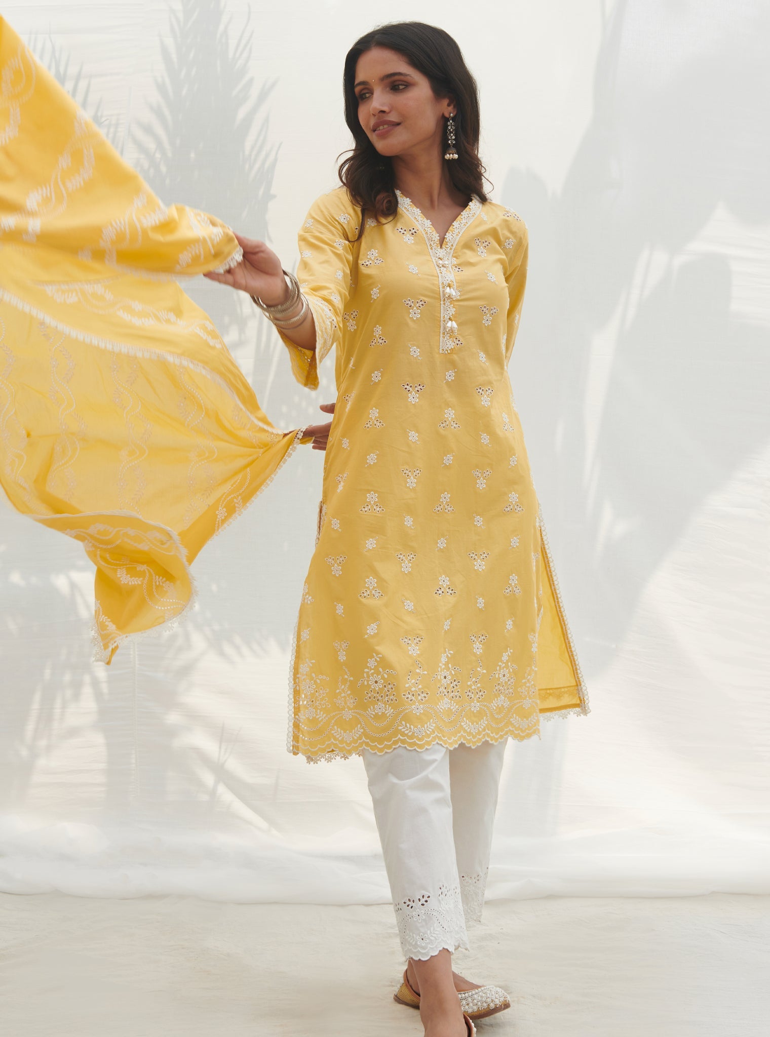 Mulmul Cotton Satari Yellow Kurta With Mulmul Cotton Satari White Pant