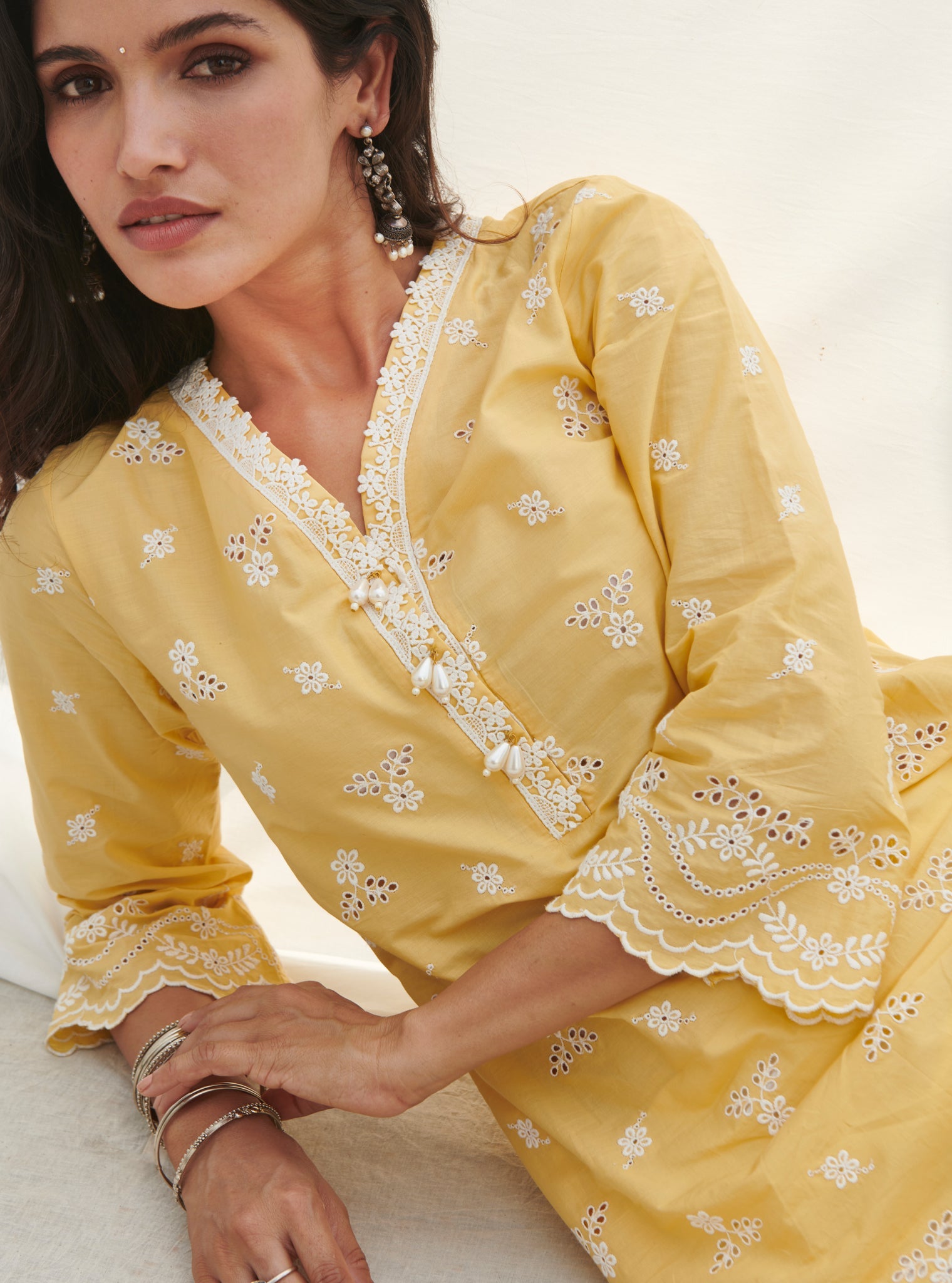 Mulmul Cotton Satari Yellow Kurta With Mulmul Cotton Satari White Pant