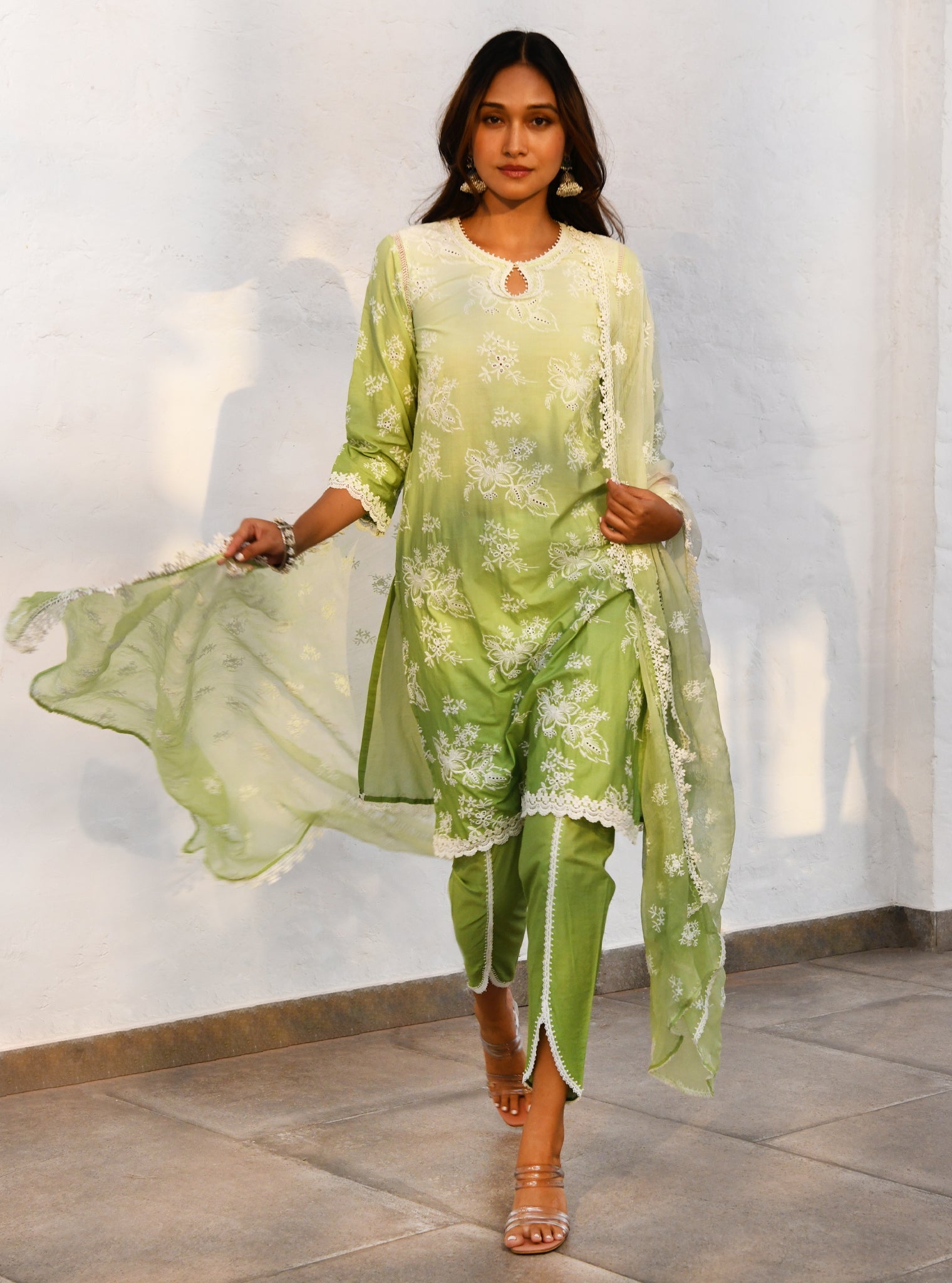 Mulmul Cotton Savri Green Kurta With Mulmul Cotton Savri Green Dhoti Pant