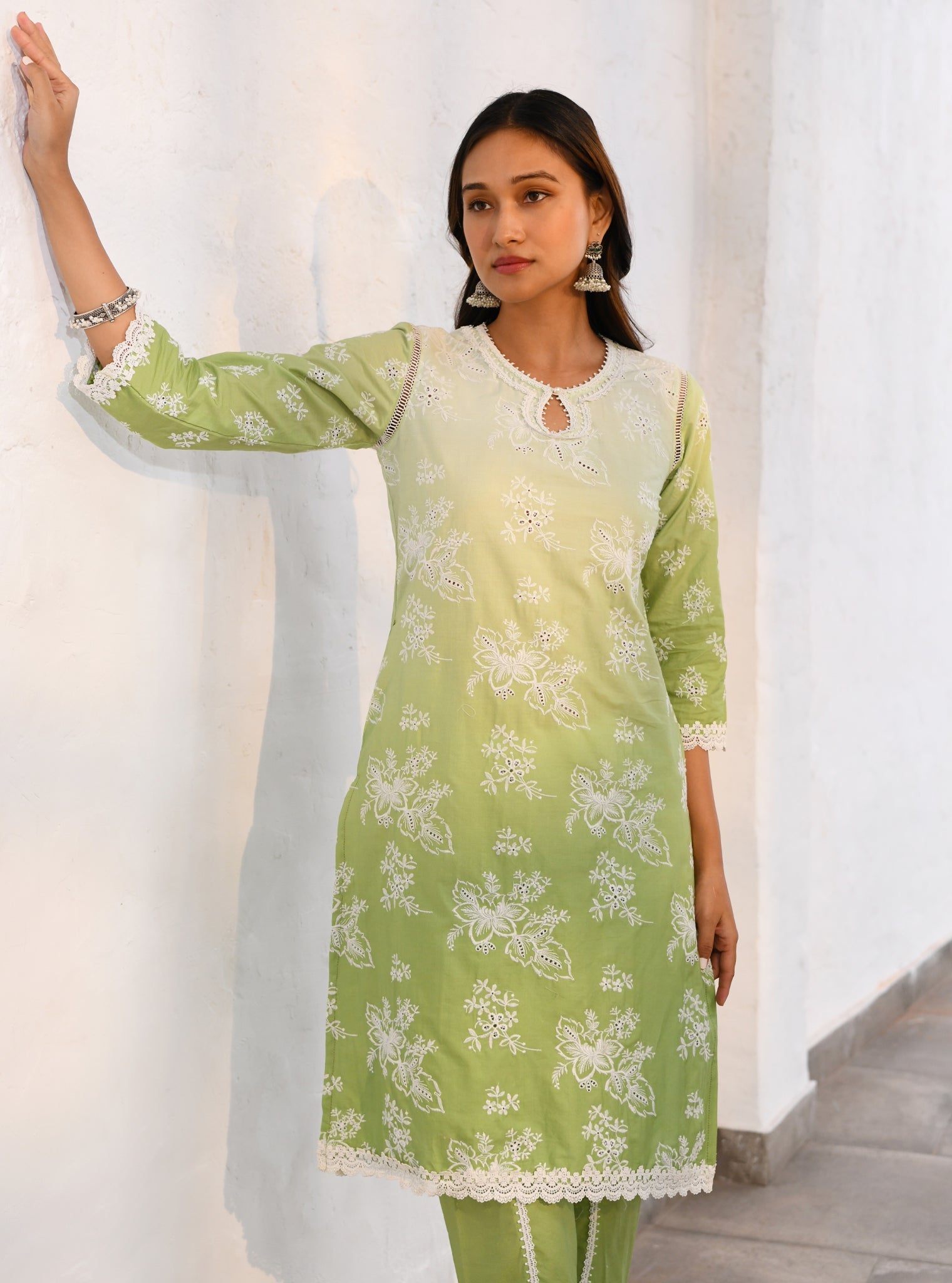 Mulmul Cotton Savri Green Kurta With Mulmul Cotton Savri Green Dhoti Pant