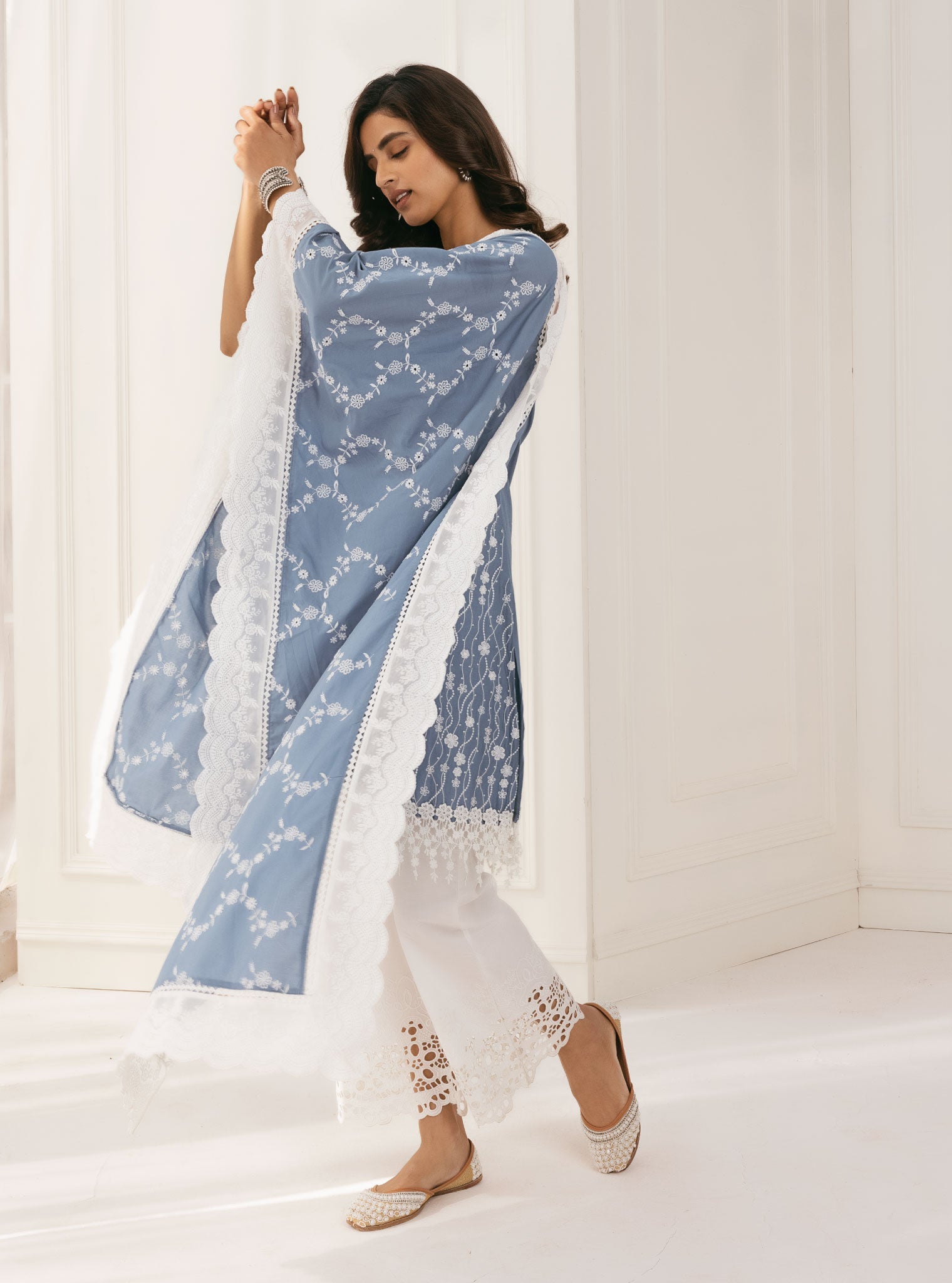 Mulmul Cotton Seoni Blue Kurta With Rylee White Palazzo