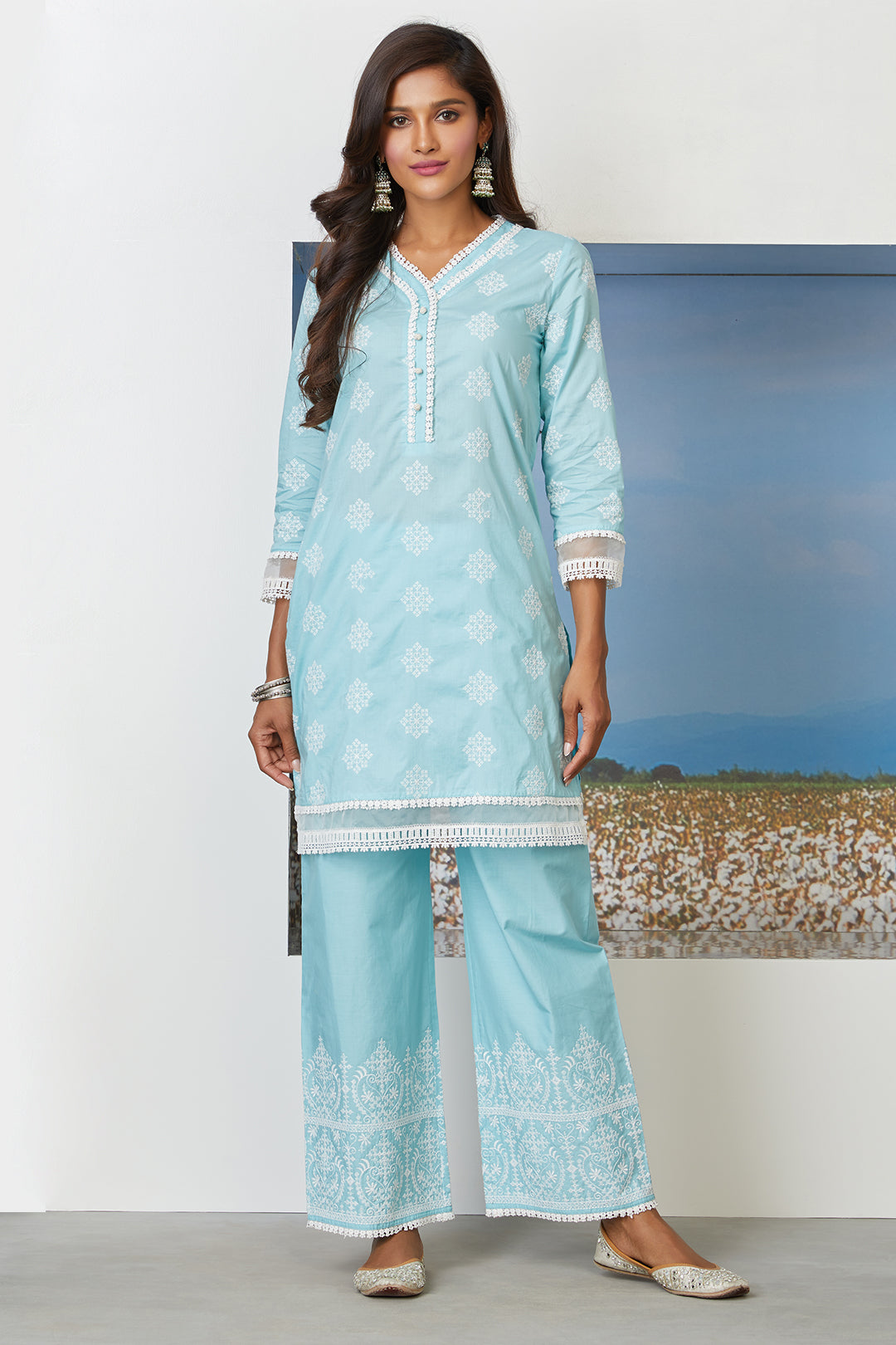 Mulmul Cotton Snow Flake Kurta With Snow Flake Palazzo