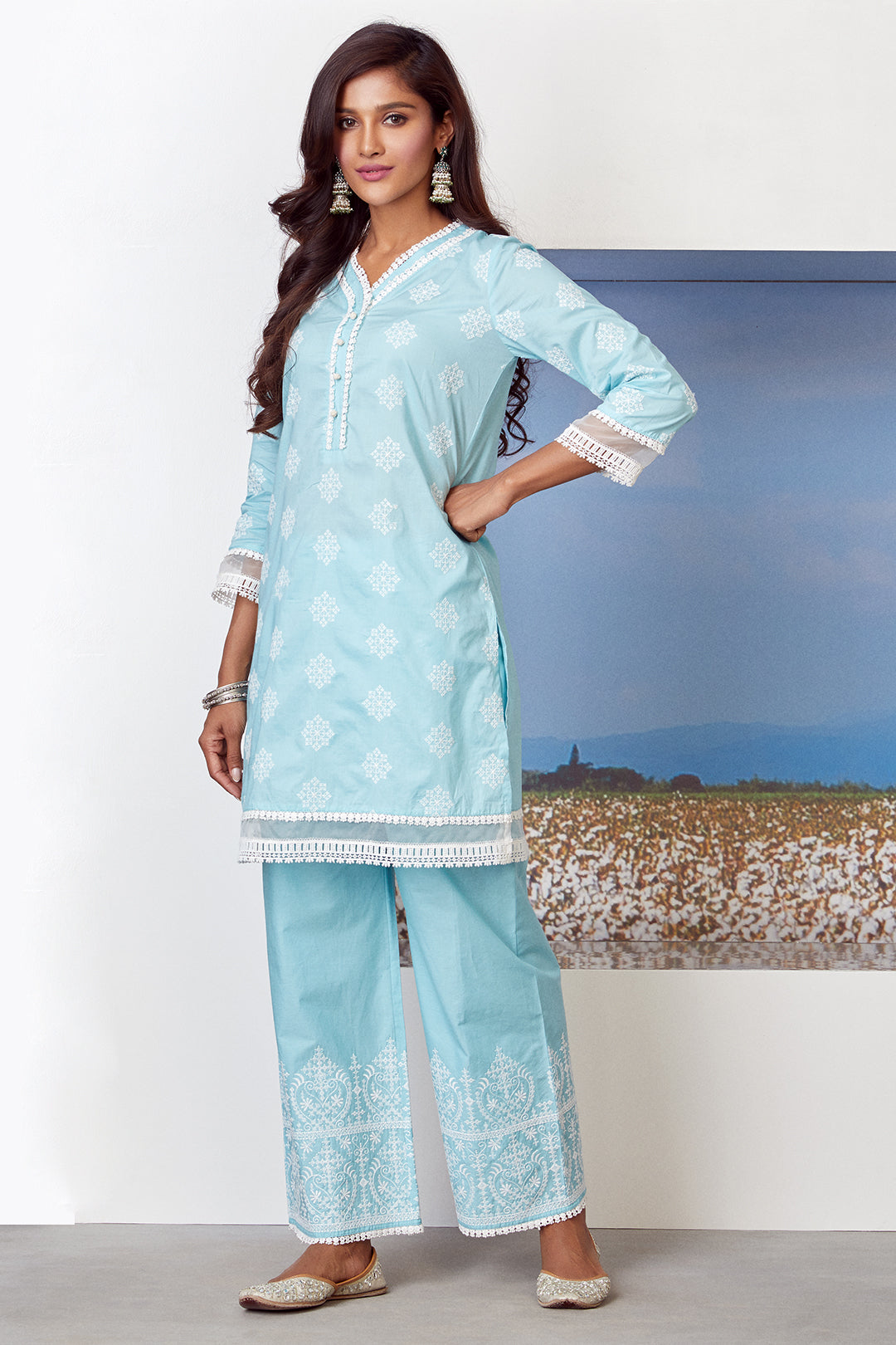 Mulmul Cotton Snow Flake Kurta With Snow Flake Palazzo