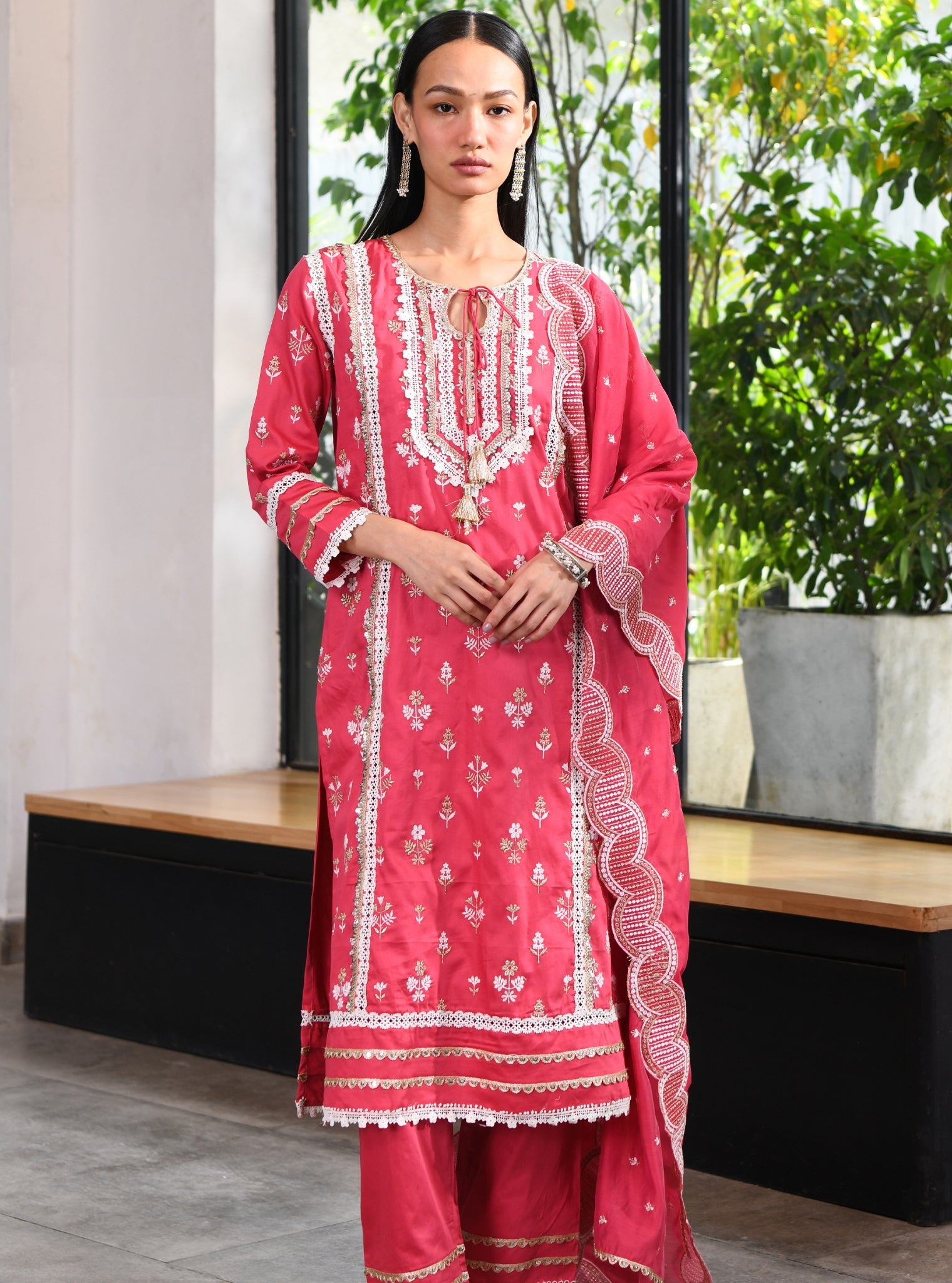 Mulmul Pima Sorrel Fuchsia Kurta With Sorrel Fuchsia Pant