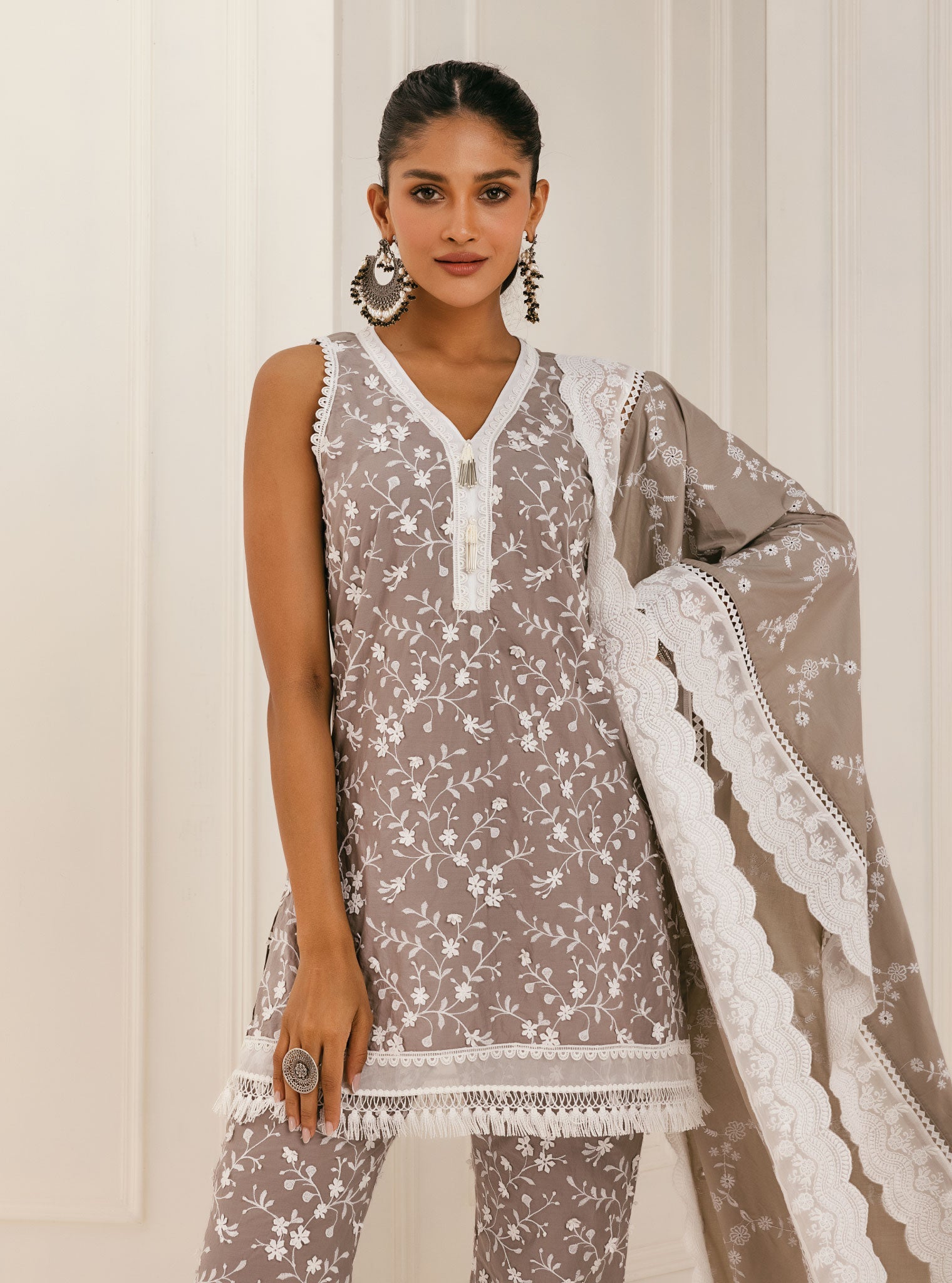 Mulmul Cotton Spiti Grey Kurta With Spiti Grey Palazzo