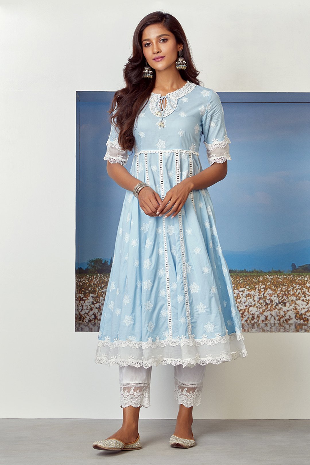 Mulmul Cotton Star Gaze Light Blue Kurta With Floral Organza Pant