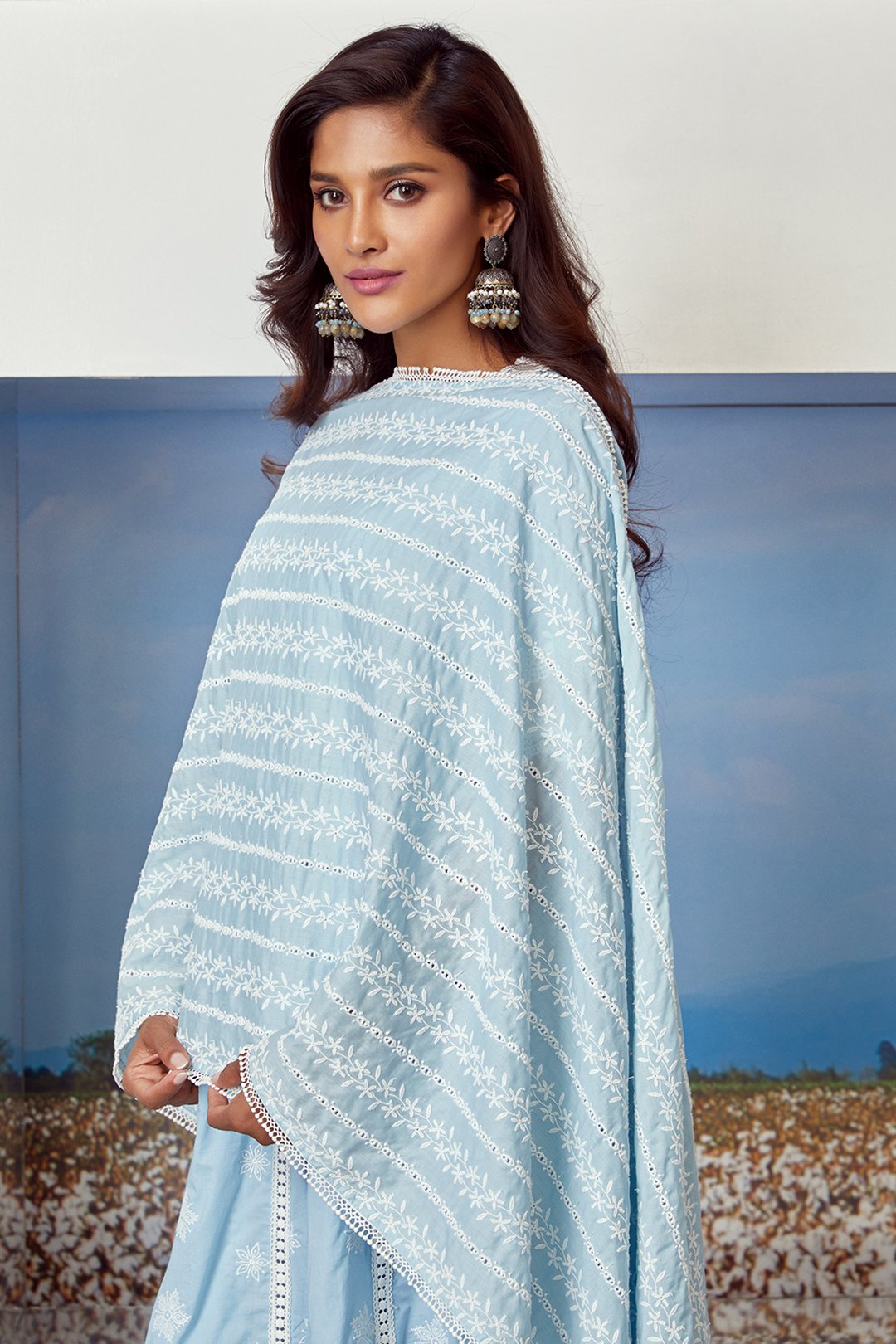 Mulmul Cotton Star Gaze Light Blue Kurta With Floral Organza Pant