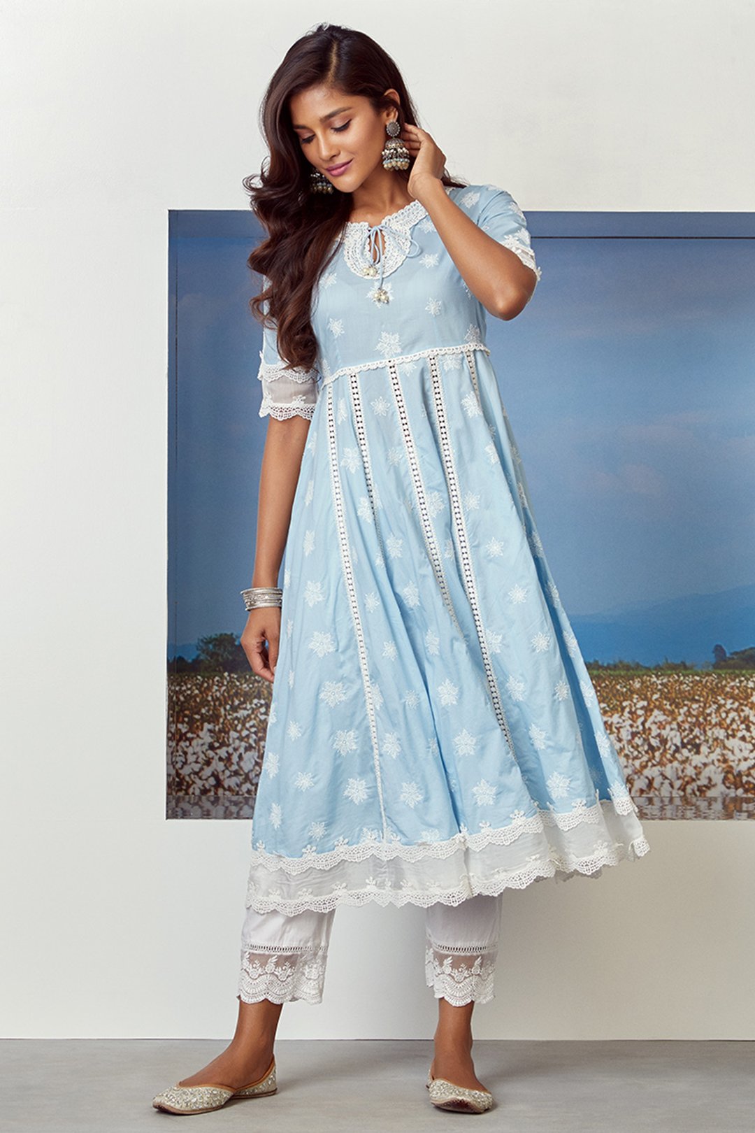 Mulmul Cotton Star Gaze Light Blue Kurta With Floral Organza Pant