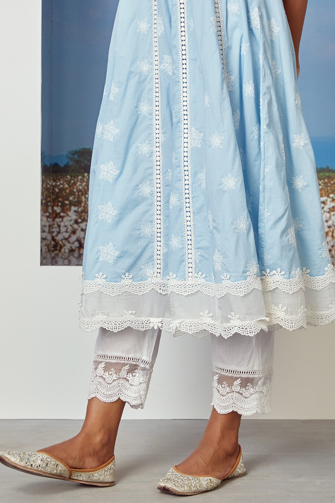 Mulmul Cotton Star Gaze Light Blue Kurta With Floral Organza Pant