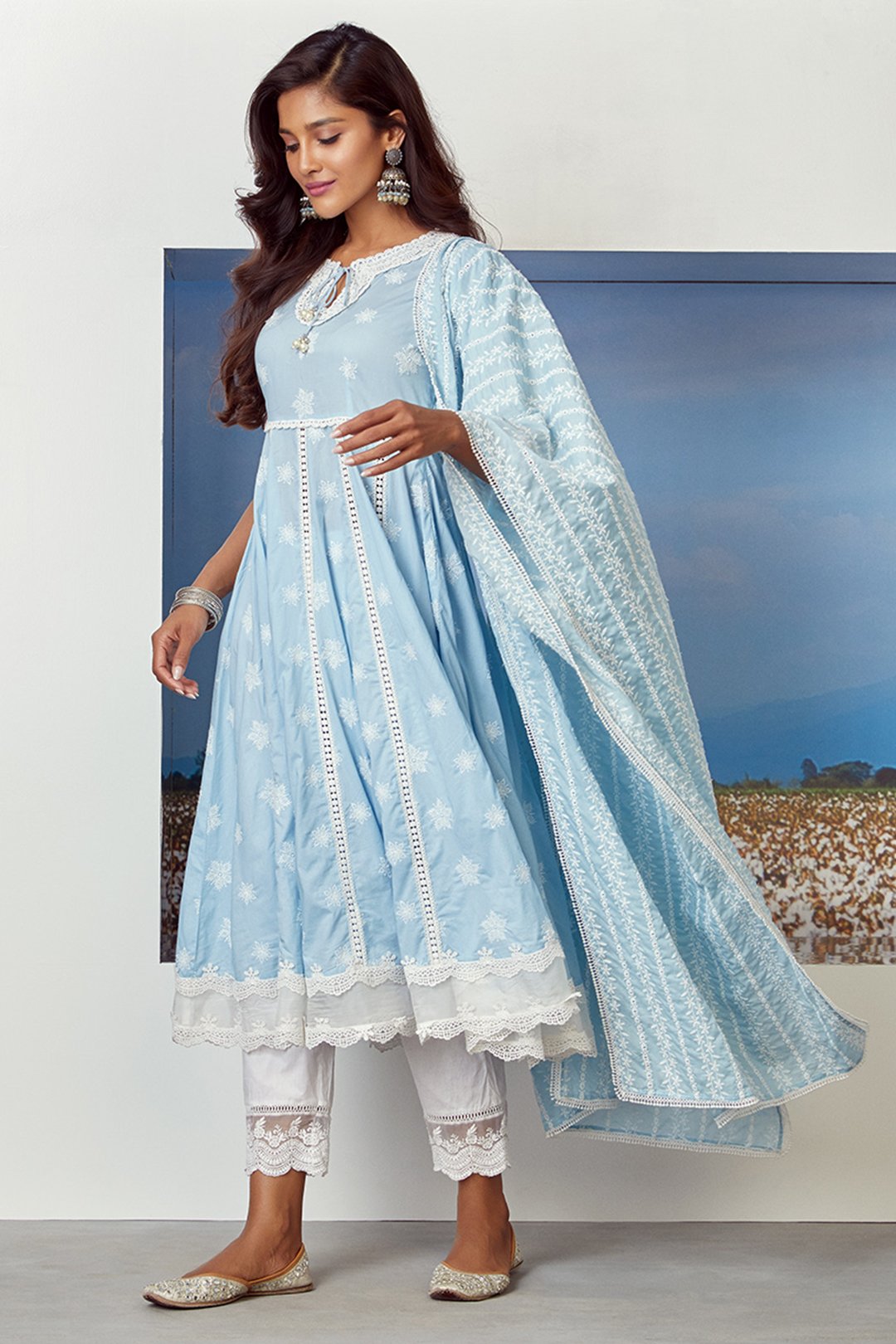 Mulmul Cotton Star Gaze Light Blue Kurta With Floral Organza Pant