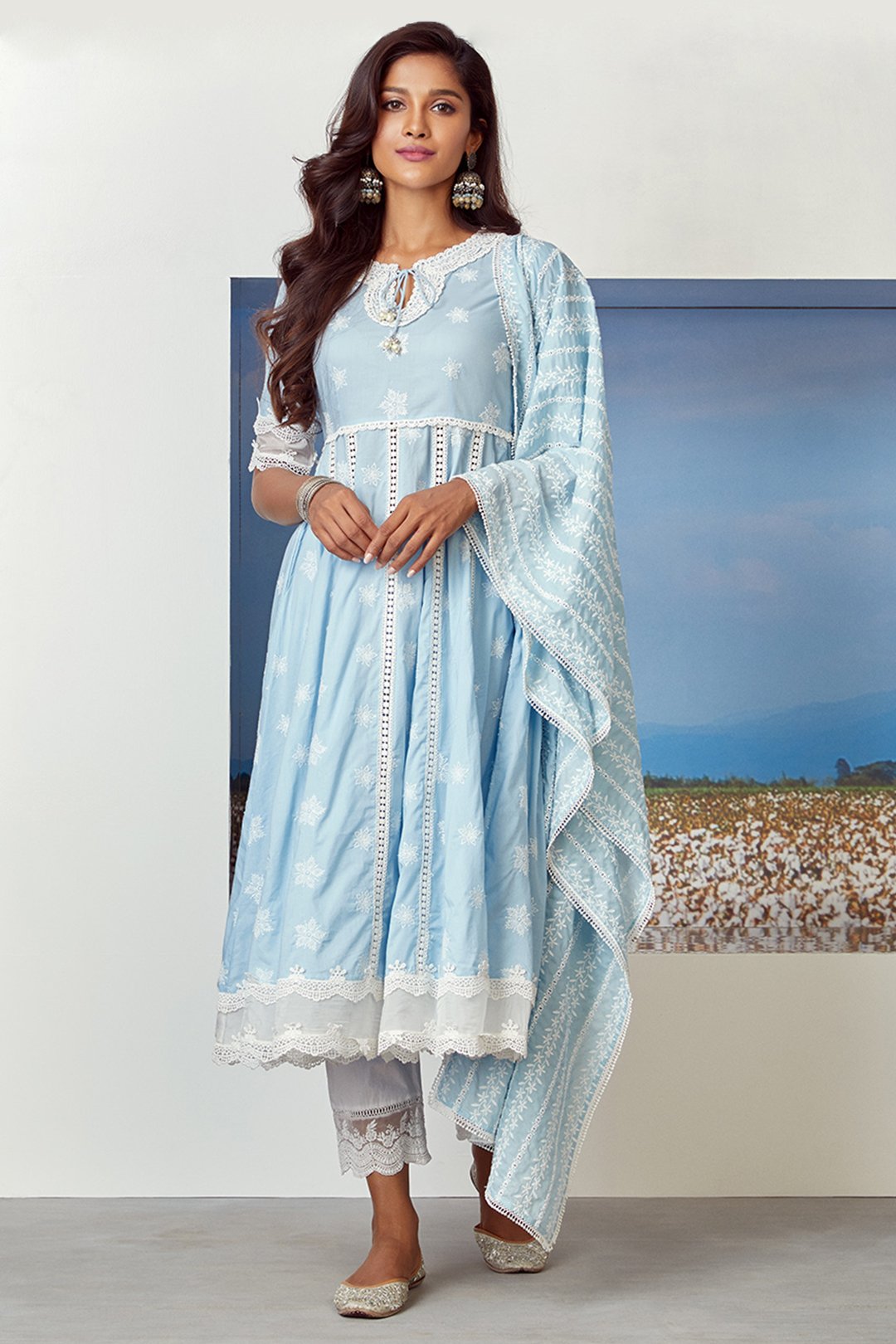 Mulmul Cotton Star Gaze Light Blue Kurta With Floral Organza Pant