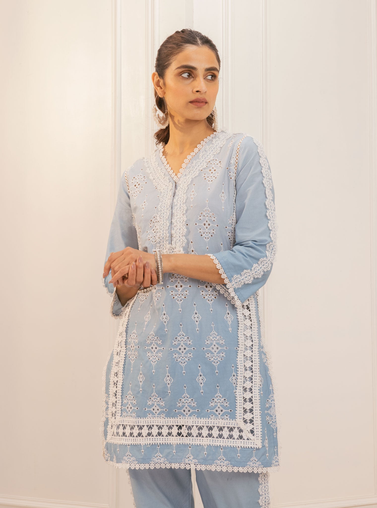 Mulmul Cotton Suria Blue Kurta With Suria Blue Pant