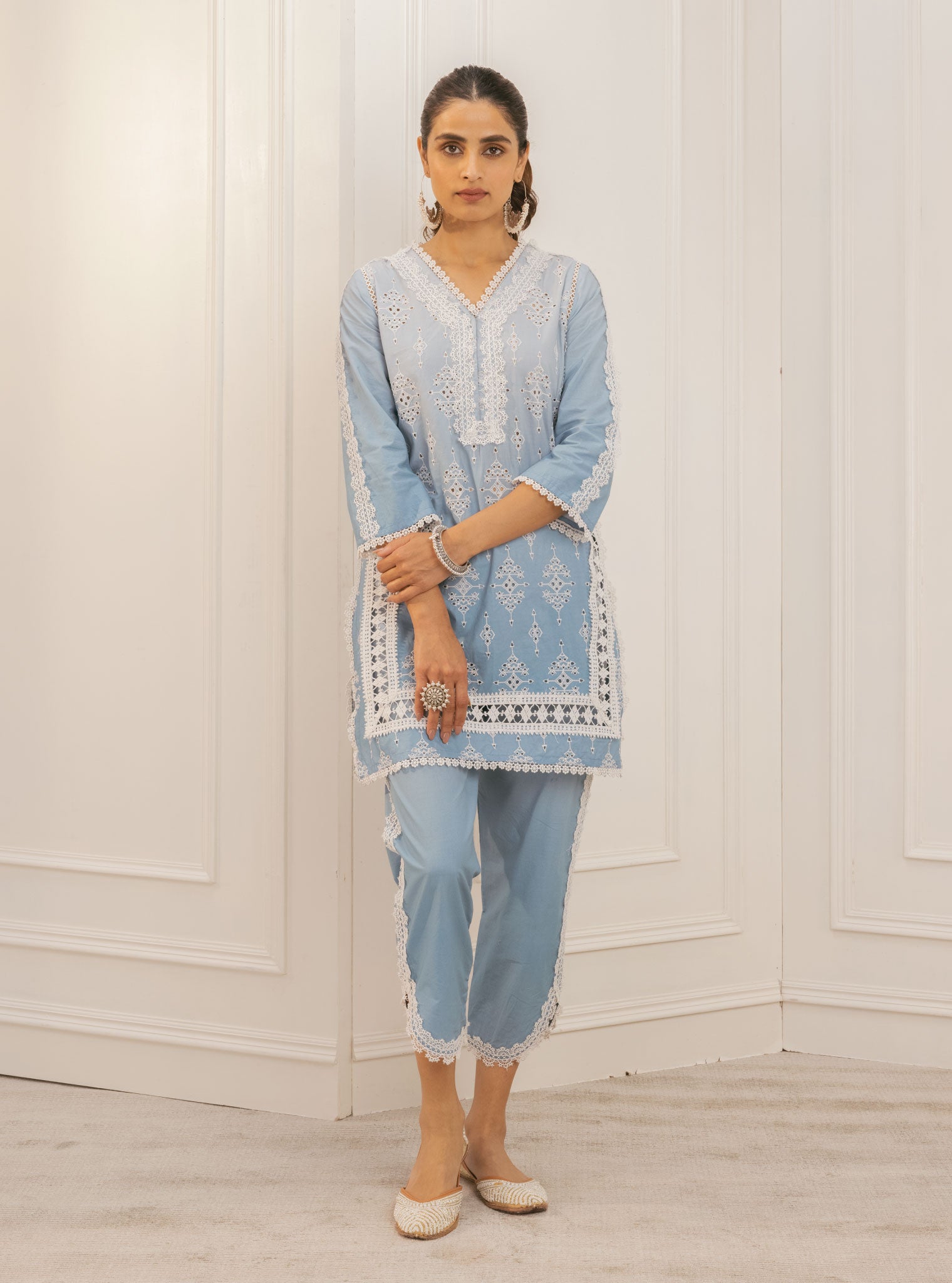 Mulmul Cotton Suria Blue Kurta With Suria Blue Pant