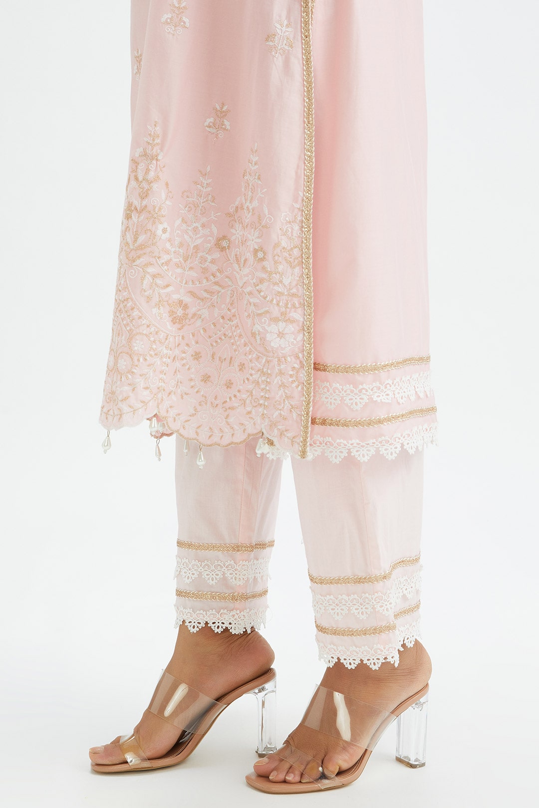 Mulmul Cotton Swan Pink Kurta With Swan Pink Pant