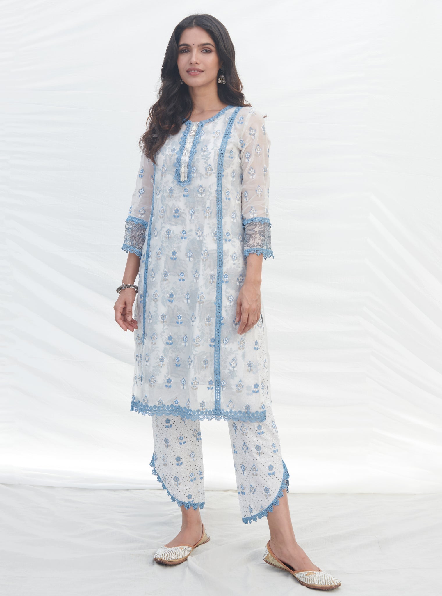 Mulmul Organza Terra Blue Kurta With Mulmul Cotton Terra Blue Pant