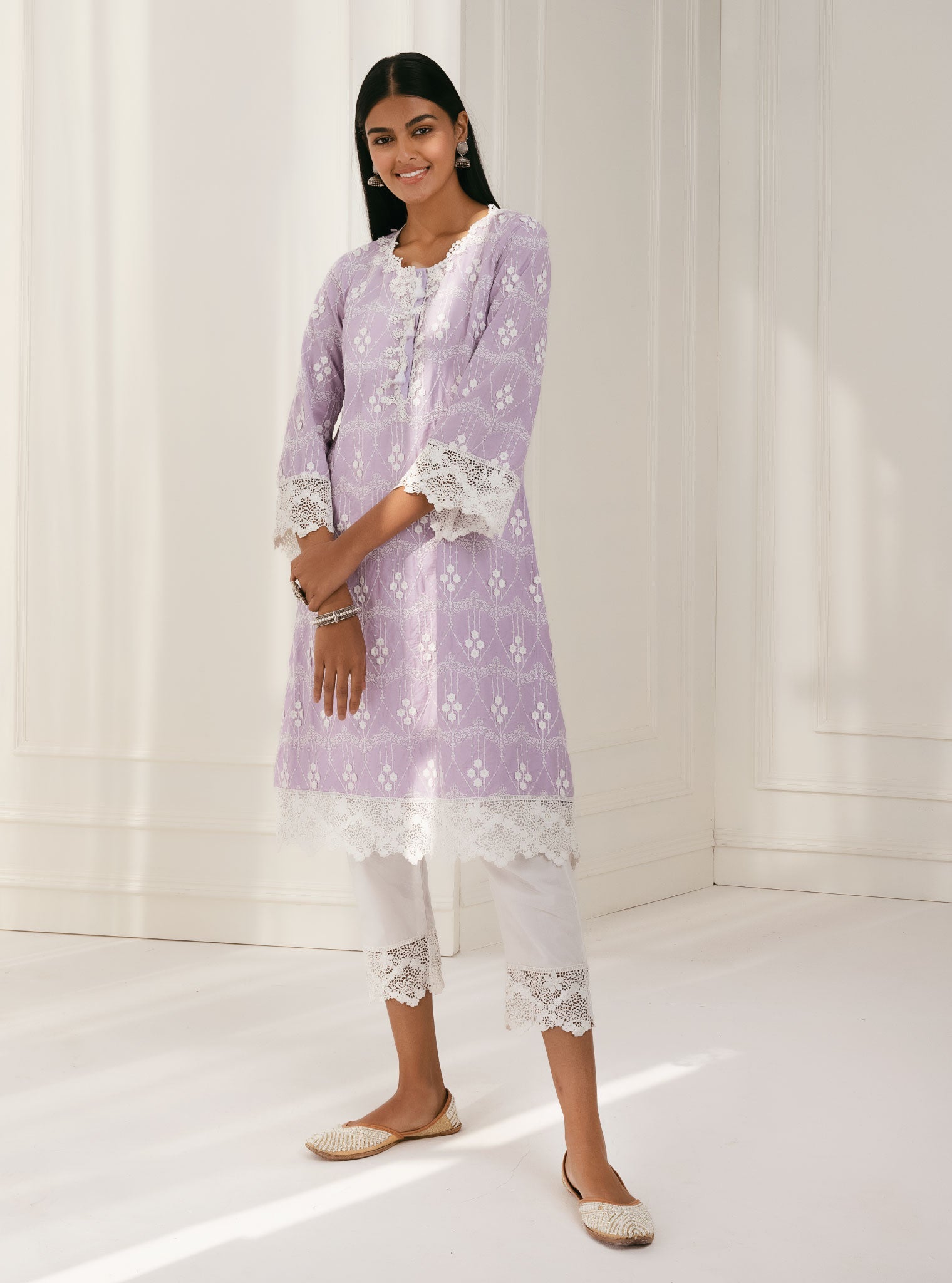 Mulmul Cotton Tirchy Lilac Kurta