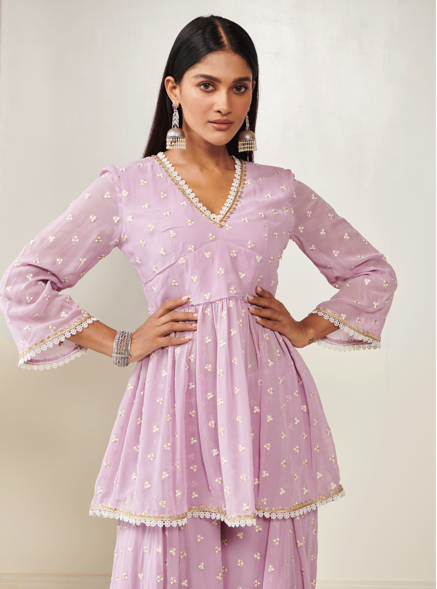 Mulmul Georgette Isra Lilac Kurta With Isra Lilac Sharara