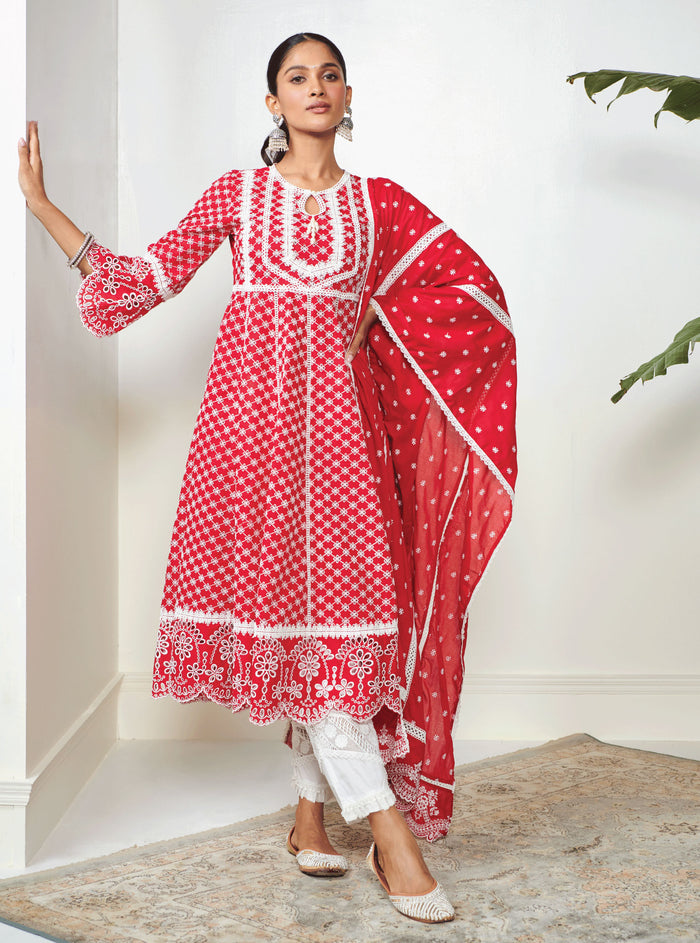 Mulmul Cotton Arris Anarkali Red Kurta