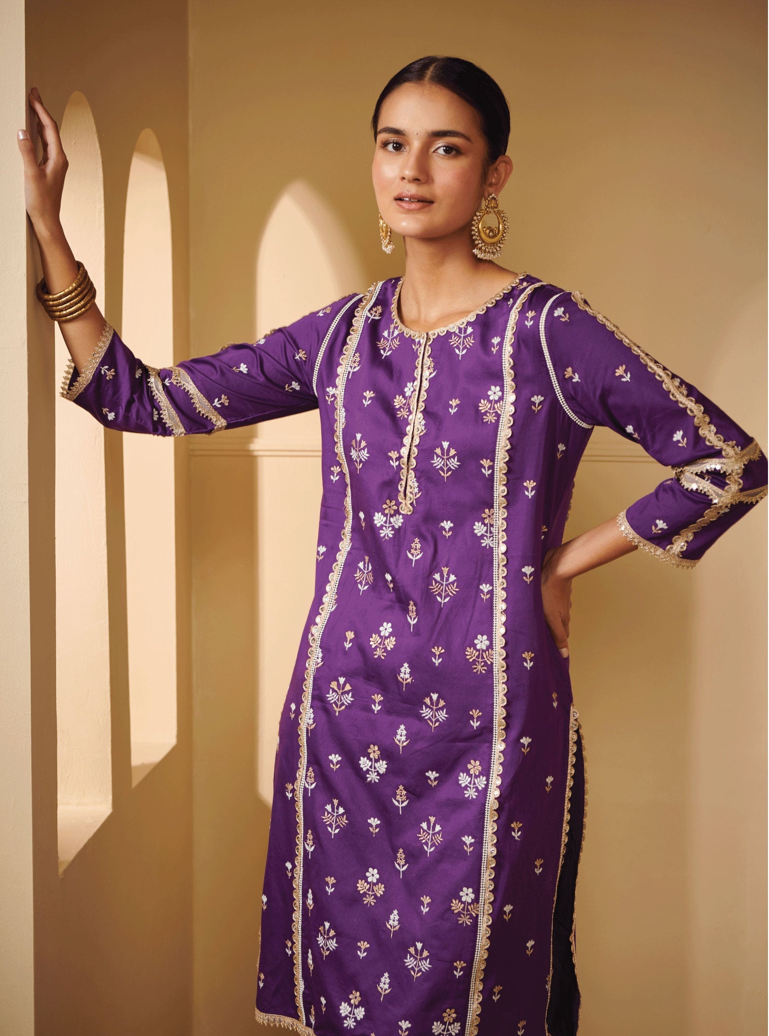 Mulmul Pima Satin Kaveri Purple Kurta With Kaveri Purple Pant