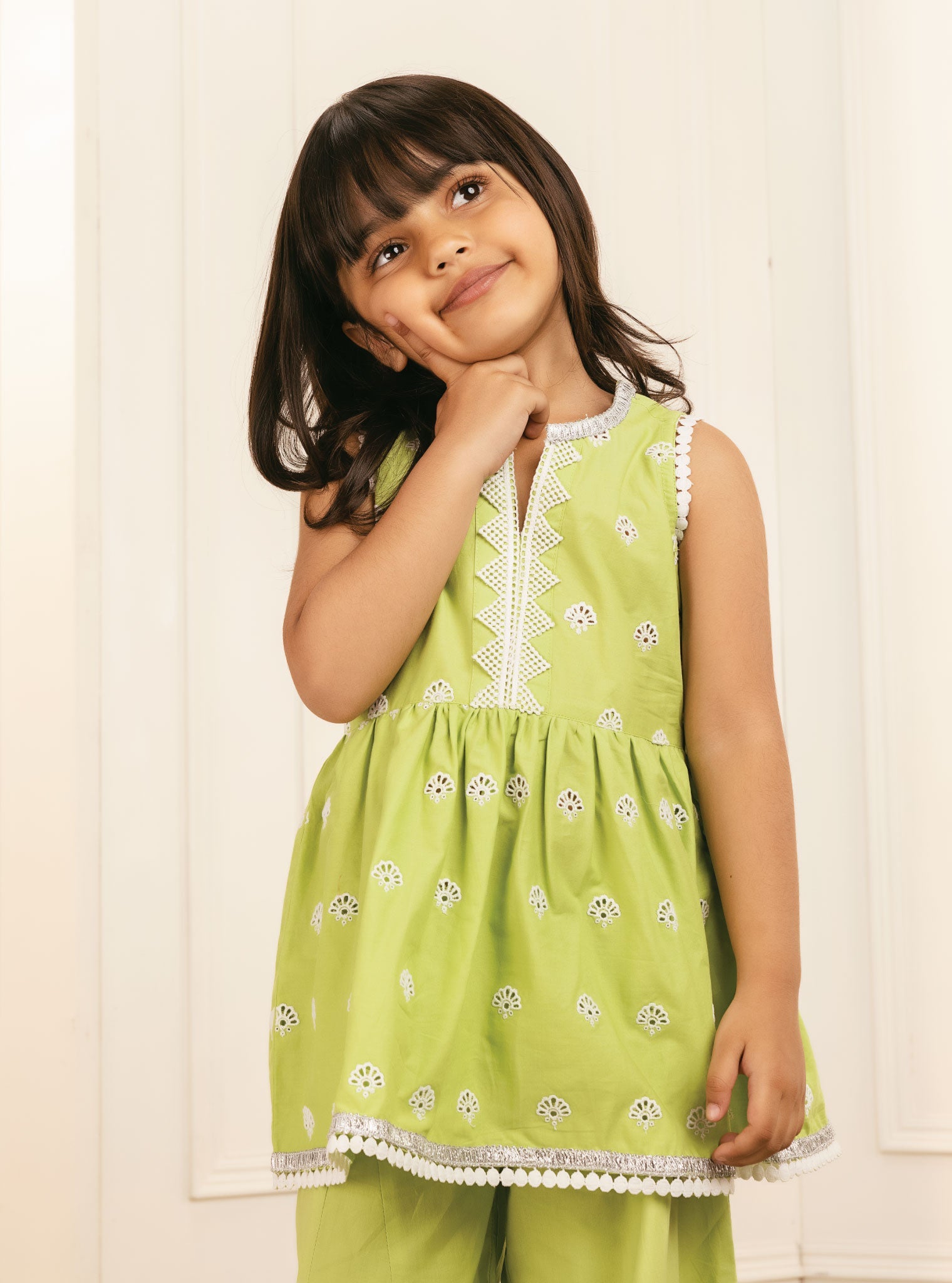 Mulmul Cotton Figo Light Green Kurta With Figo Light Green Sharara