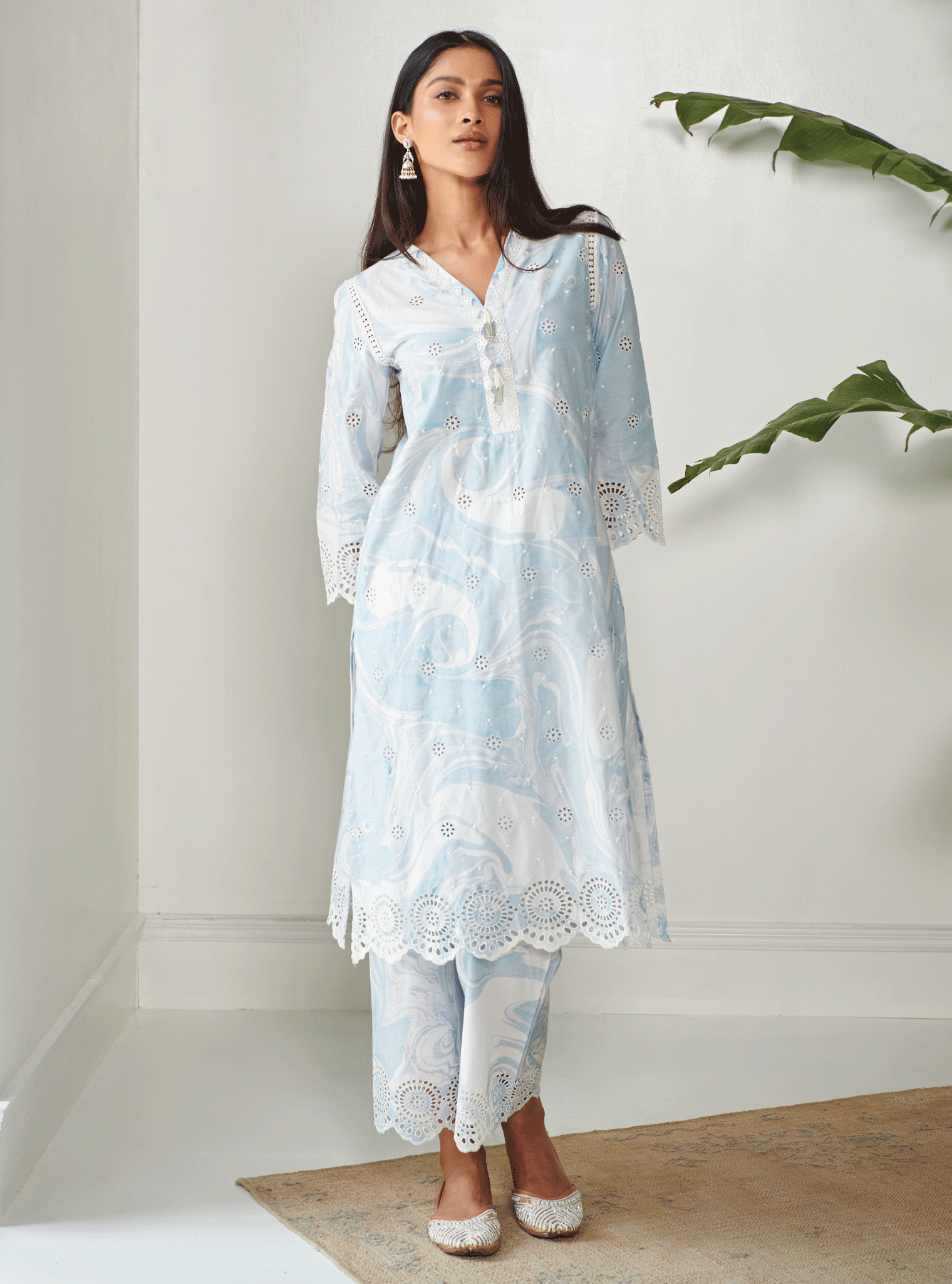 Mulmul Cotton Carrara Blue Kurta With Carrara Blue Pant